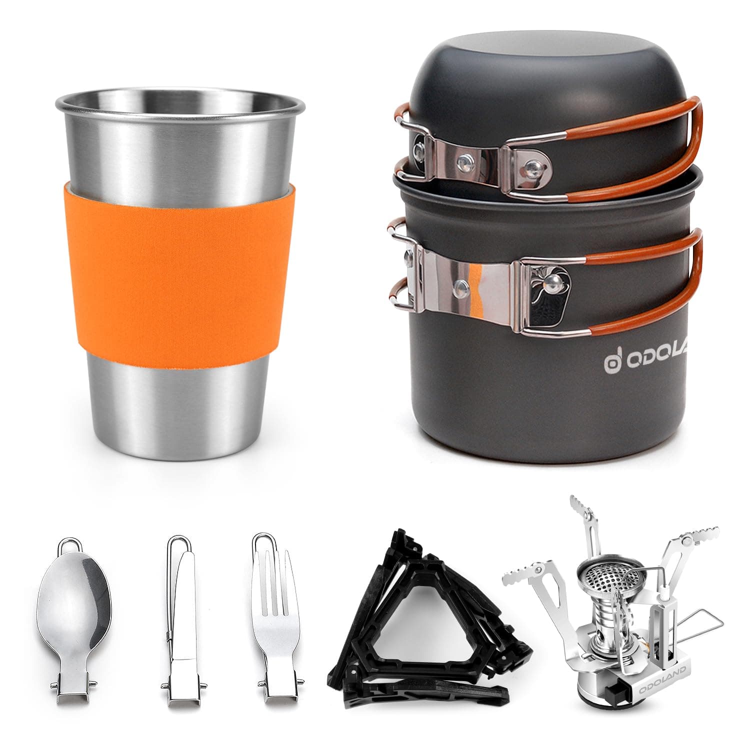 Odoland Camping Cookware Stove Carabiner Canister Stand Tripod and Stainless Steel Cup, Tank Bracket, Fork Spoon Kit for Backpacking, Outdoor Camping Hiking and Picnic