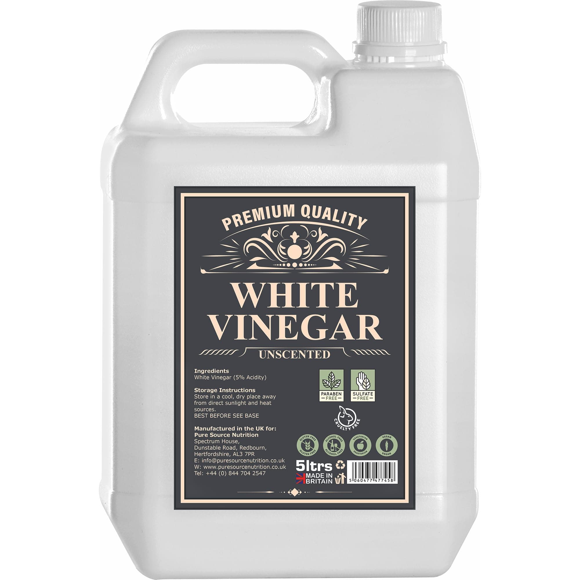 Eco White Vinegar Cleaning 5 Litres - All Natural Multi-Surface & Multi-Purpose Cleaner, Limescale Remover, Laundry Softener & More - 100% Vegan & Cruelty Free
