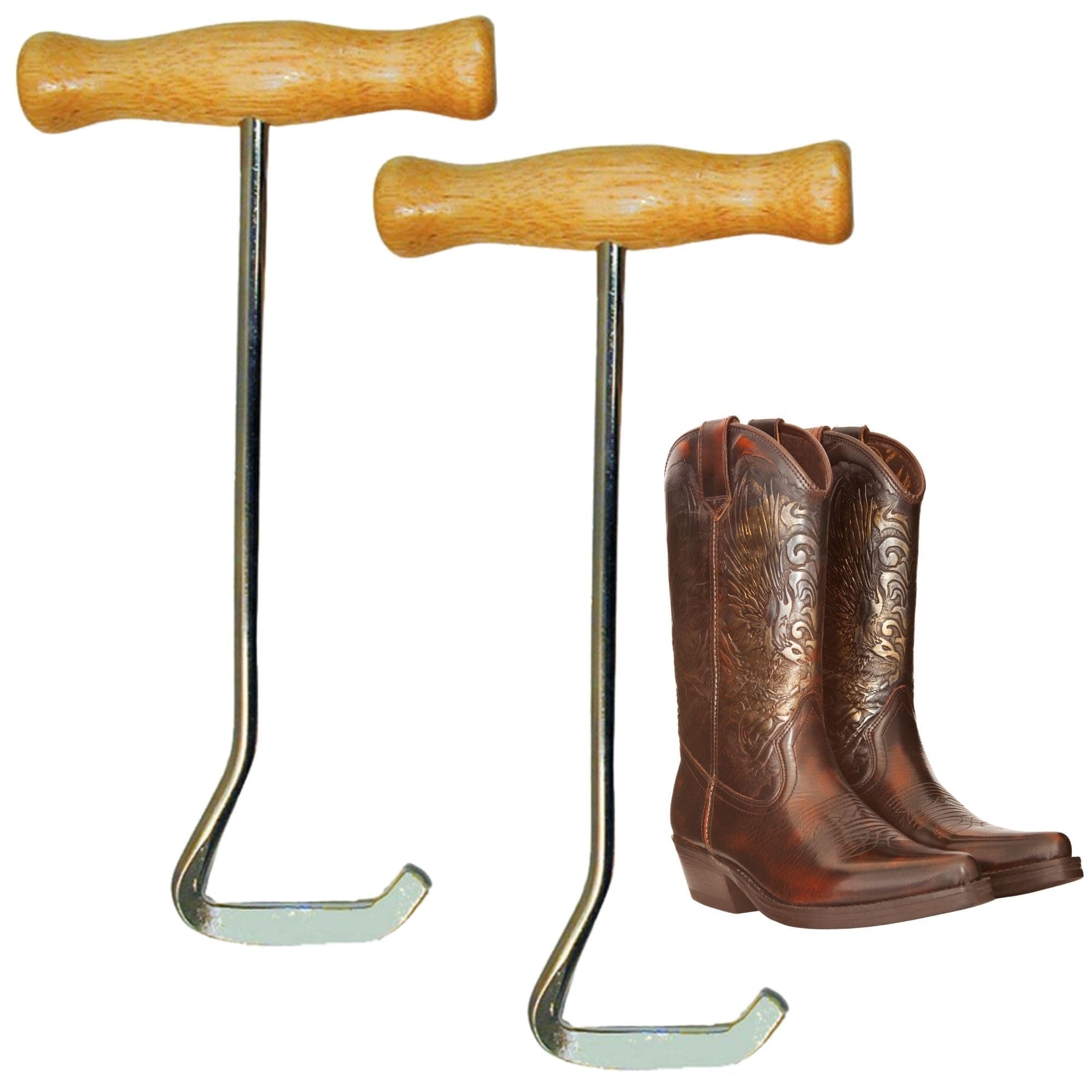 Wooden Handle Boot Hooks Boot Puller, Pair of Durable Metal Shoe Hooks for Effortless Boot Pulling, for Cowboy Boots, Riding Boots, Boot Helper, 2-Pack