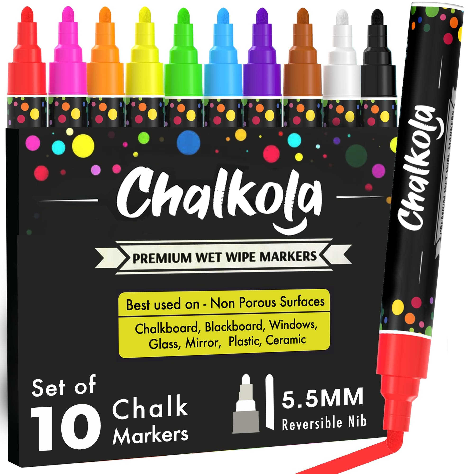 Chalk Markers for Chalkboard, Blackboard, Window, Bistro, Car Glass, Board, Mirror (10 Pack, 6mm) - Wet Wipe Erasable Liquid Chalk Pens Paint Ink - 6mm Reversible Tip Chalkboard Markers