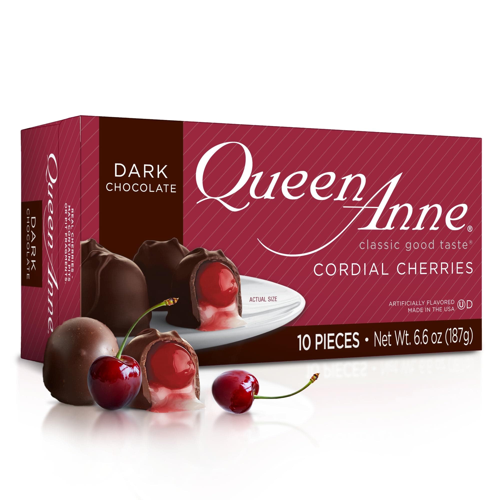 Dark Chocolate Covered Cordial Cherries | 6.6 oz | 10 Piece Gift Box | Whole Maraschino Cherry Creamy Filled Liquid Center | Holiday Party Chocolate Candy