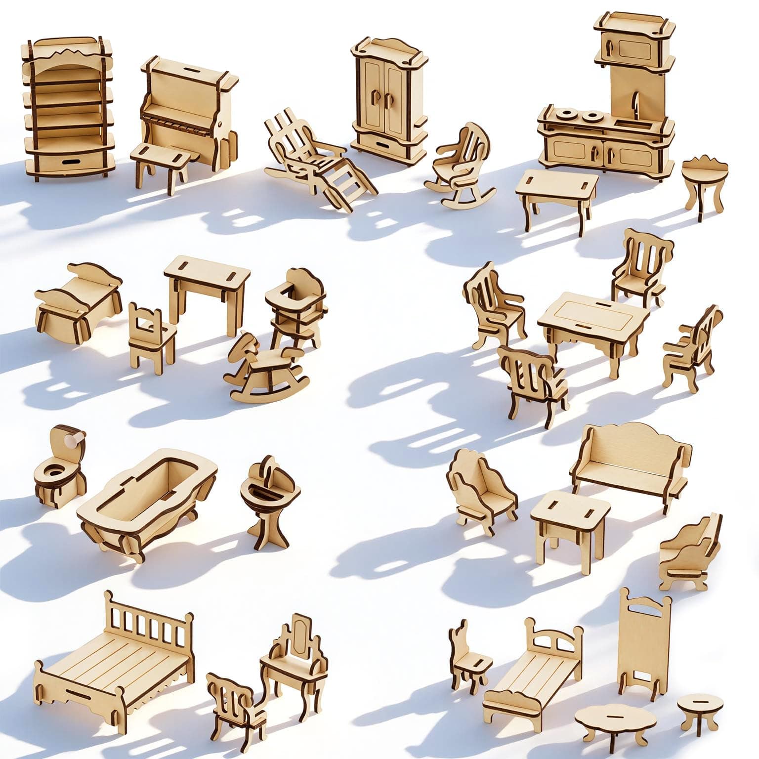 LOVEINUSA DIY Wooden Dollhouse Furniture Set, 3D Puzzle Miniature Room Accessories, Natural Wood