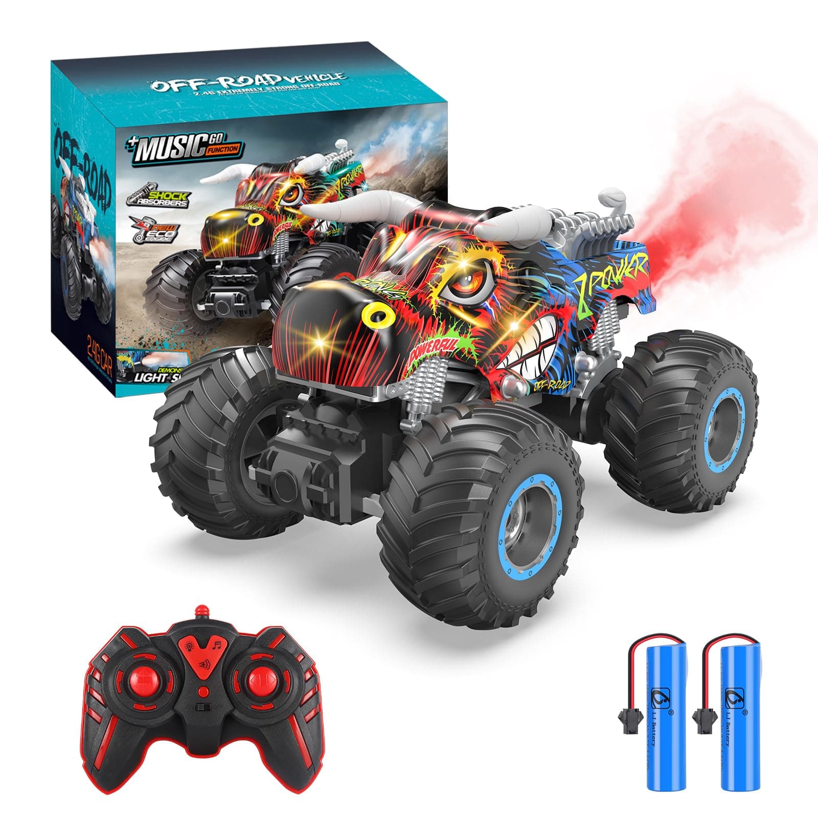 Remote Control Monster Truck, 2.4GHz All Terrain Remote Control Monster Cars, 1:16 Monster Truck RC Trucks, Remote Monster Car with Spray Music and Light for Boys 4-7 8-12 Kids