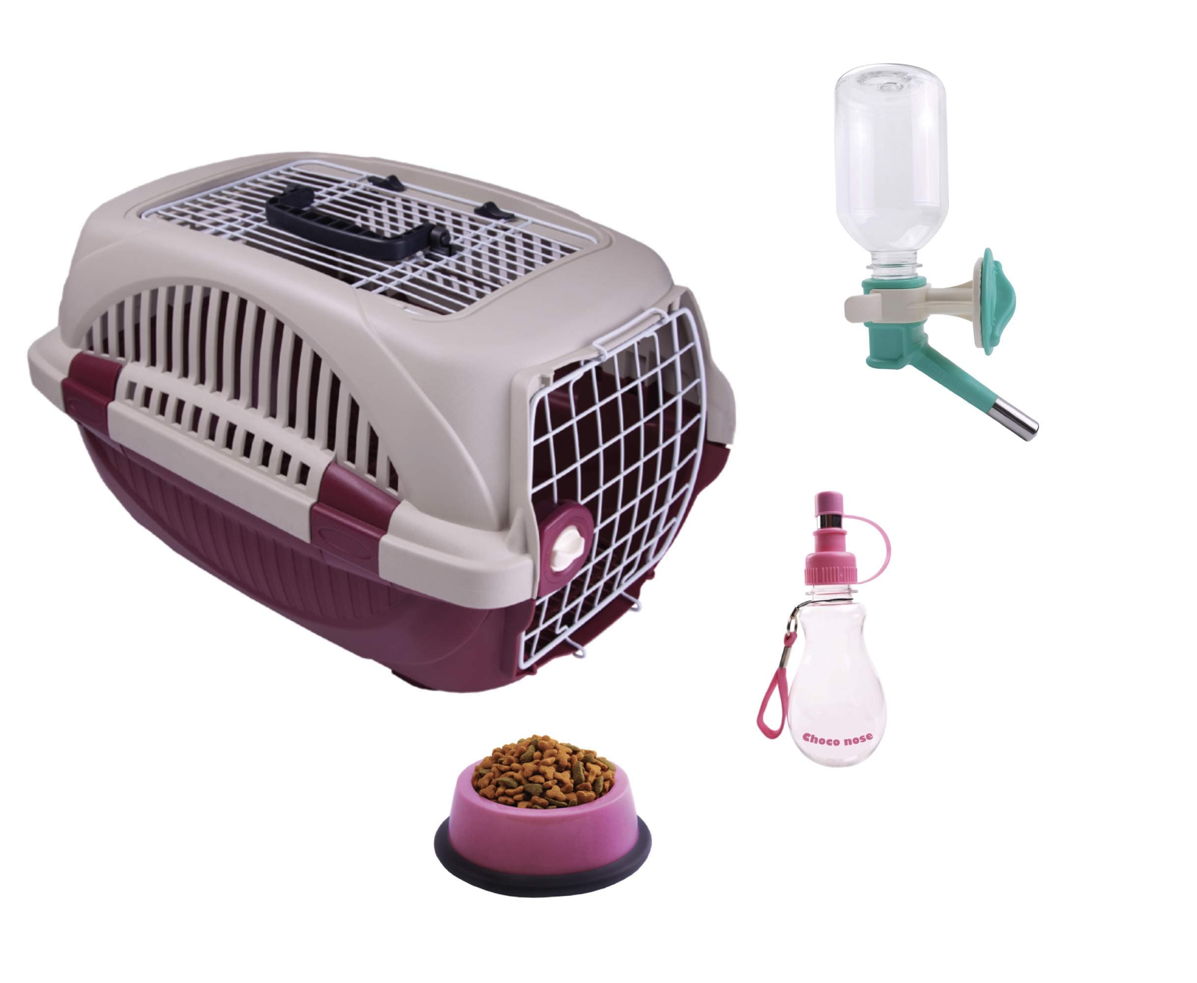 Choco Nose Travel Kennel Set - Durable Top Load Pet Carrier/Crate for Animals Under 12 Lb, Small Dogs/Puppy/Cat/Rabbit- includes Pattened No Drip Water Bottle, Portable Water Bottle + Food Bowl, Red