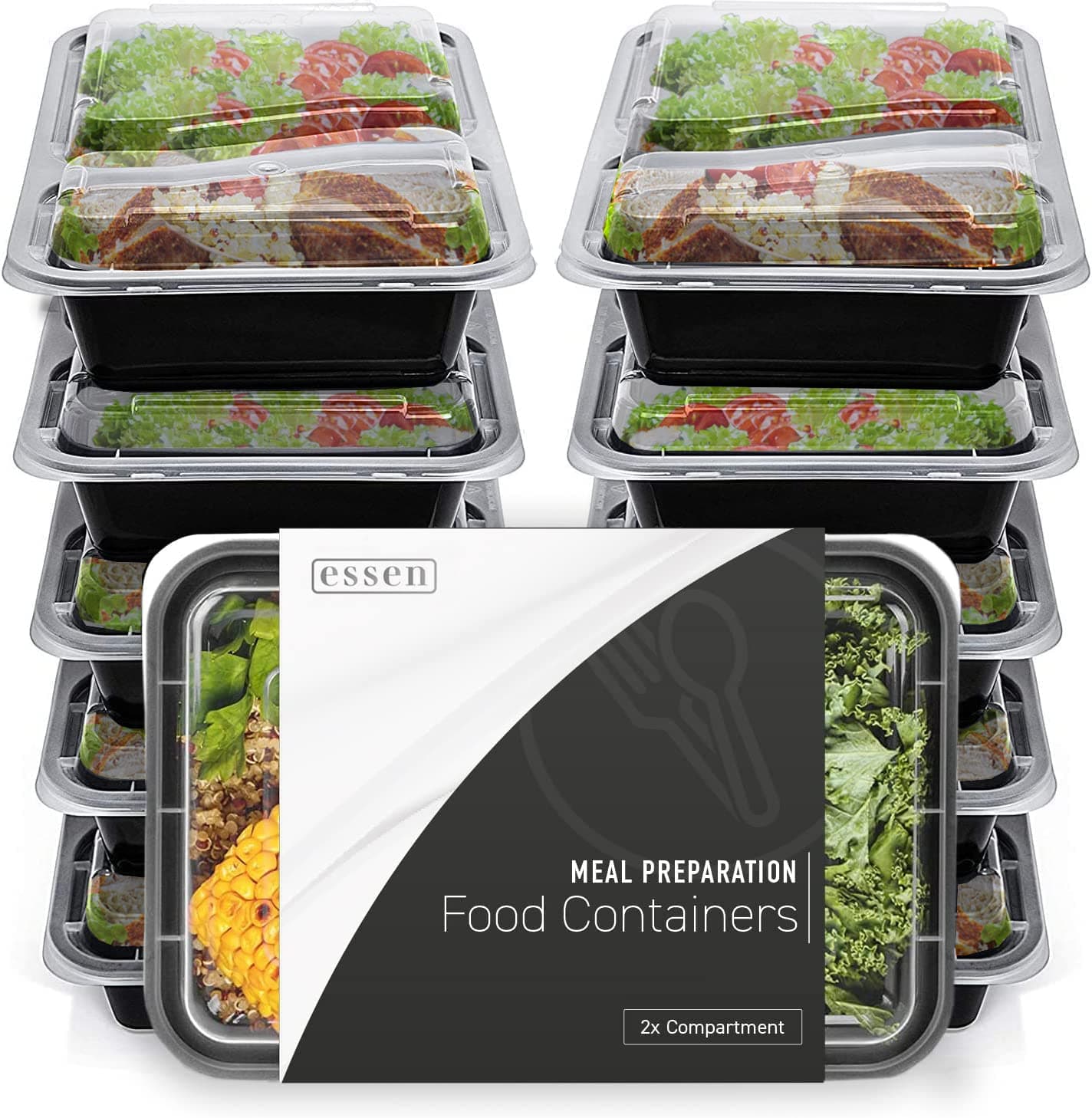essenMeal Prep Containers (10pk) - Plastic Food Storage & Preparation Trays, Dishwasher, Freezer and Microwave Safe (2 Compartments)