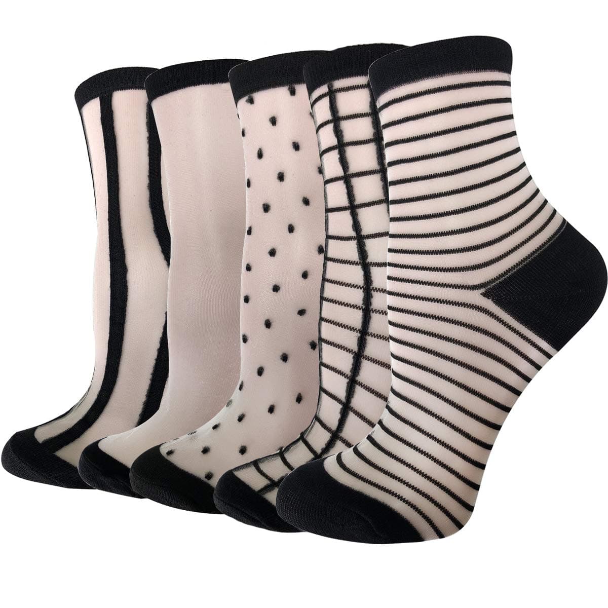 5 Pairs Ultra Thin Summer Socks Women Transparent Lace Elastic Silk Stockings Cityelf Sheer Short Anklets (ONE SIZE FITS ALL, black mix)