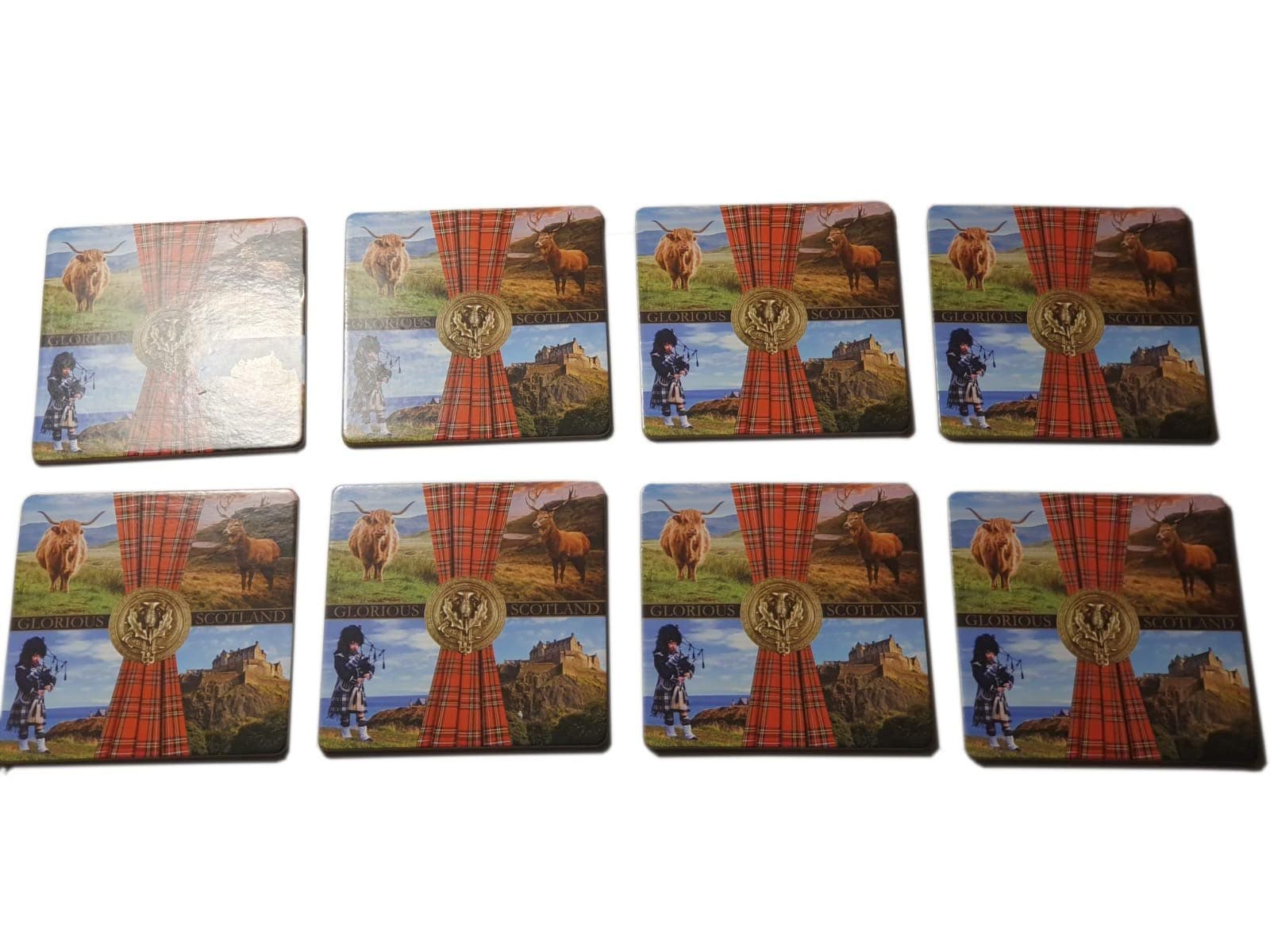 Glorious Scotland Set of 8 Drink Coasters - Scottish Photo Collage - Piper - Highland Cattle - Edinburgh Castle - Red Deer Stag - Cocktail Beverage Mats - for Mug Cup or Glass - Souvenir for Home