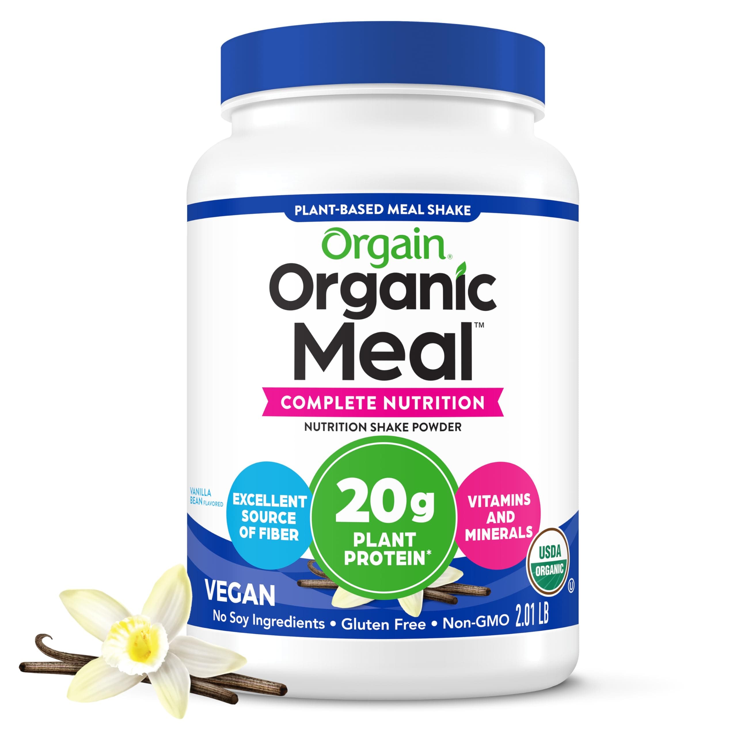 Organic Vegan Meal Replacement Protein Powder, Vanilla Bean - 20g Plant Based Protein, Gluten Free, Dairy Free, Lactose Free, Soy Free, No Sugar Added, For Smoothies & Shakes - 2.03lb