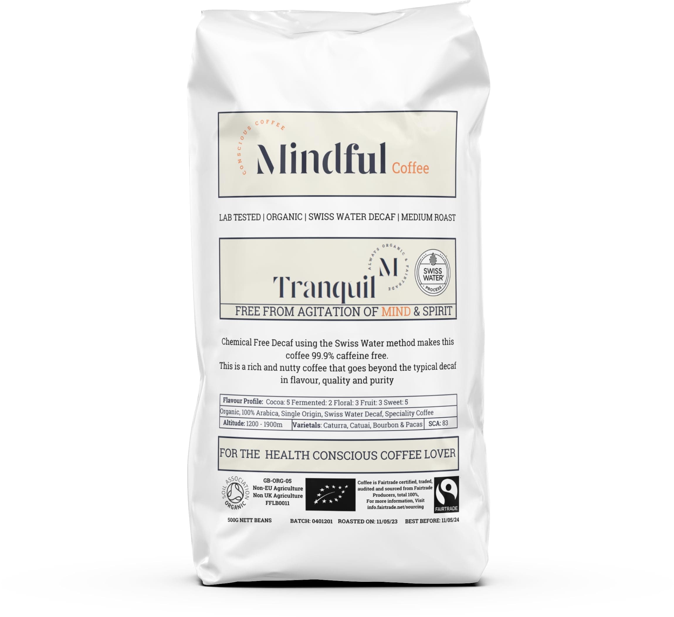 Mindful Coffee - Tranquil | Organic Swiss Water Decaf | Mycotoxin Free - Lab Tested | Freshly Roasted (Whole Bean, 500G)