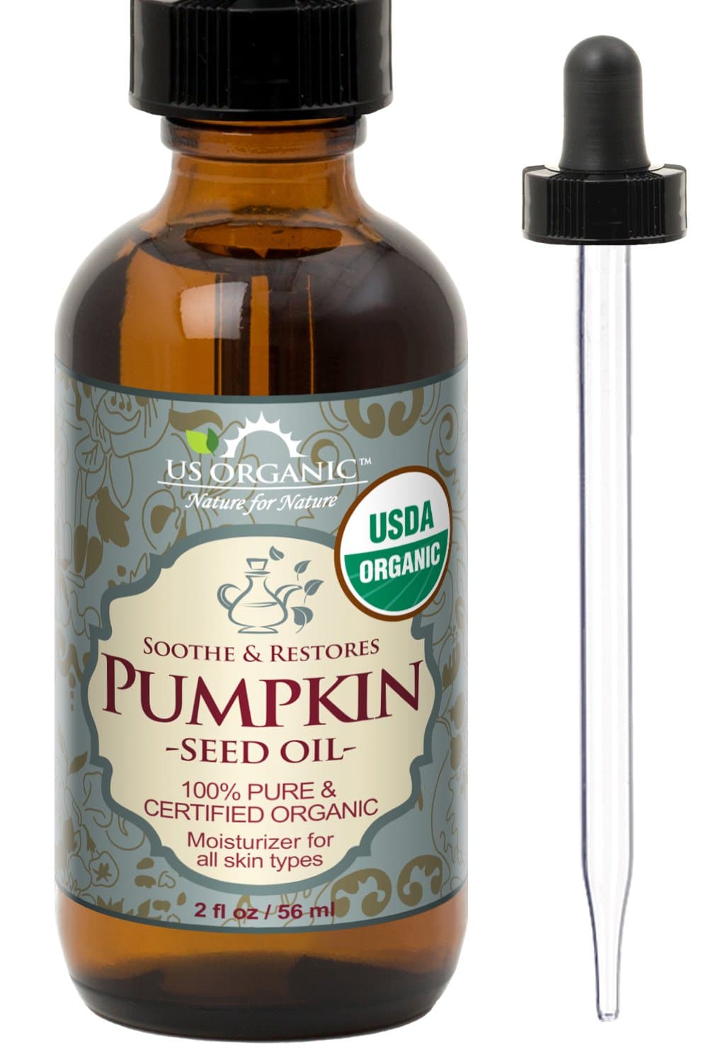 Pumpkin Seed Oil, USDA Certified Organic,100% Pure & Natural, Cold Pressed Virgin, Unrefined in Amber Glass Bottle w/Glass Eyedropper for Easy Application (2 oz (56 ml))