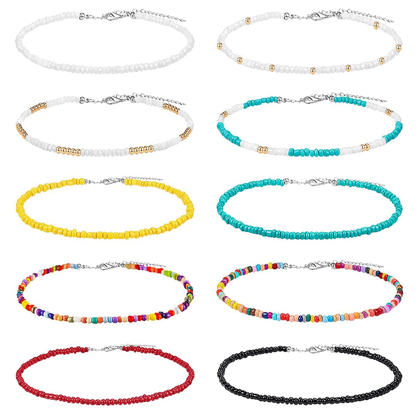 Honsny10 Pieces Boho Beaded Choker Necklace for Women Girls, Colorful Seed Bead Necklaces Summer Necklace Jewelry