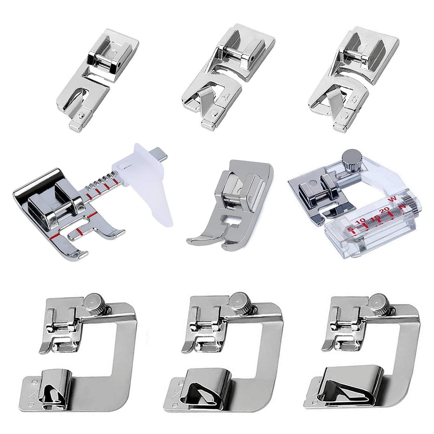 9Pcs Sewing Machine Feet Set Includes 3pcs Narrow Rolled Hem Presser Feet,3Pcs Rolled Hem Pressure Foot,Zig Zag Presser Foot,Adjustable Guide Foot, Bias Binder Foot for Brother Singer Janome