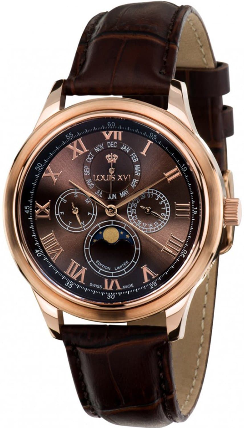 Louis XVI Women's-Watch Élysée l'or Rose brun Swiss Made Moonphase Analog Quartz Leather Brown 485
