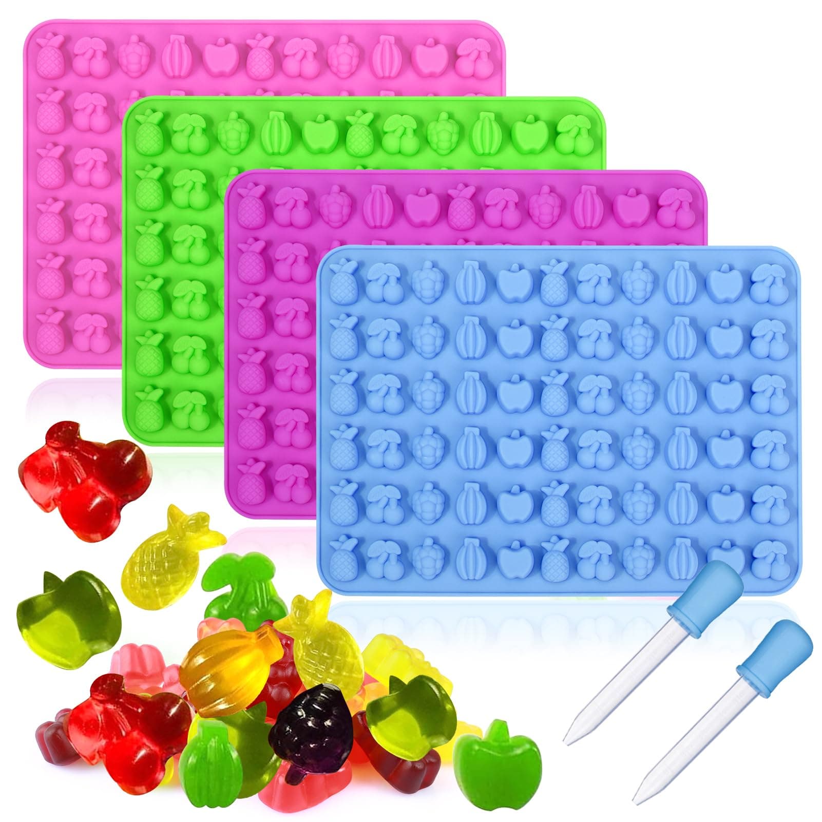 Palksky 4PCS Fruit Snack Molds Silicone, Gummy Molds Trays with Dropper for Candy Chocolate Gummies Baking(Cherries Grape Banana Apple Pineapple)