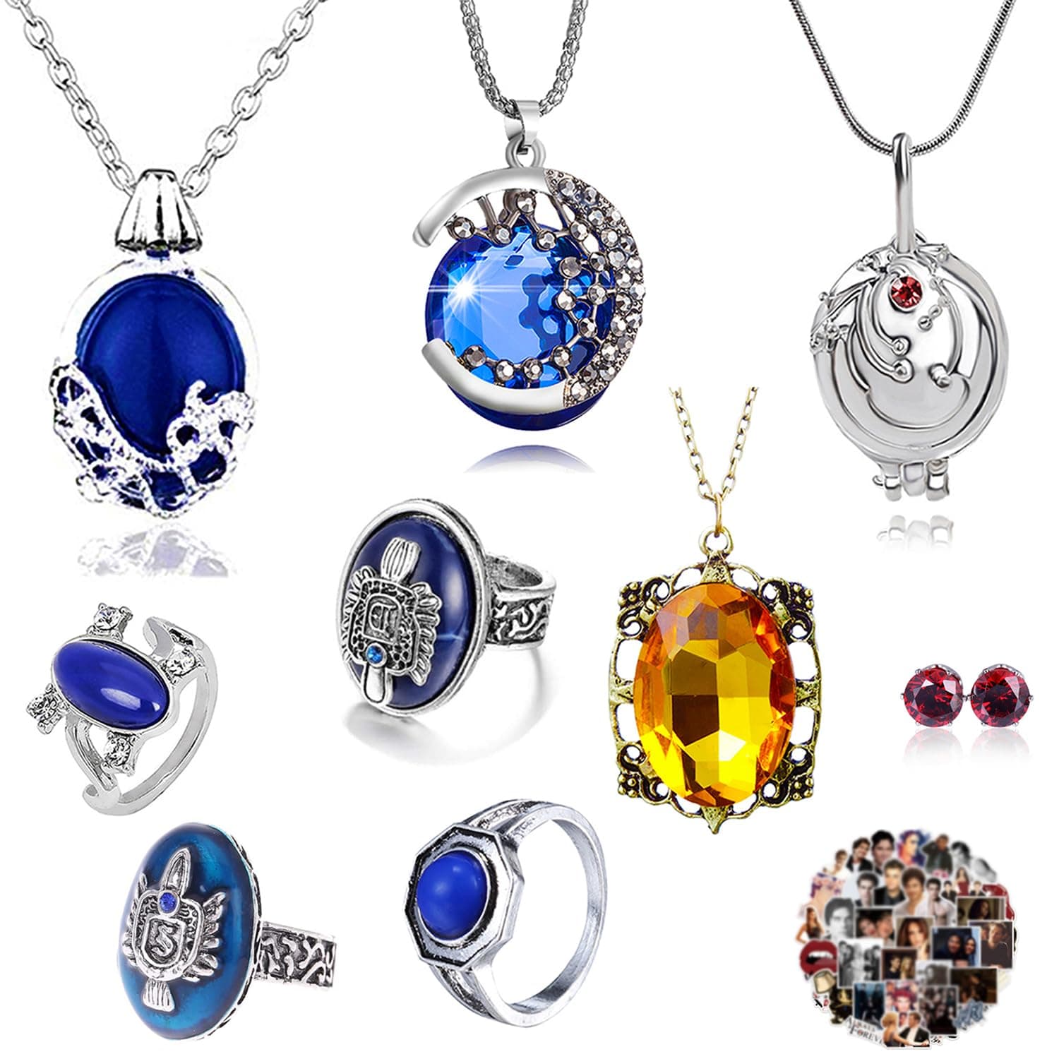 UoYu 29 pcs The Vampire Jewelry Set Elena Gilbert Opening Vervain Locket Pendant Necklace Daywalking Katherine Sapphire Crystal Ring Red Diamond Stud Earrings Anime Sticker