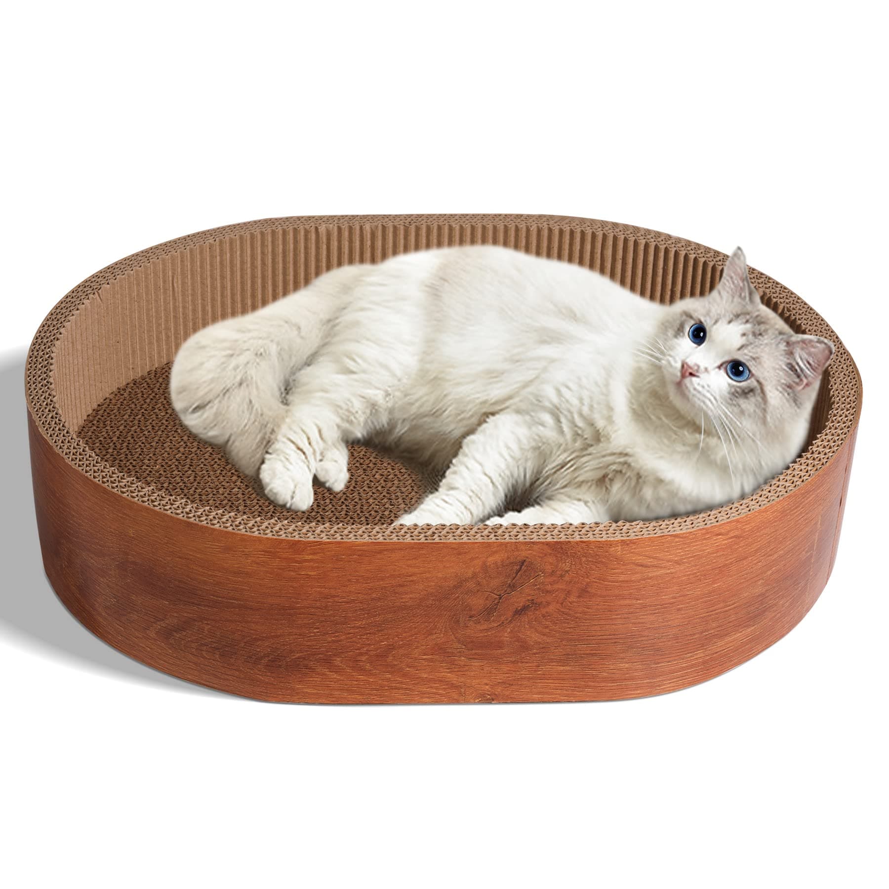 Cat Scratcher Bed Cardboard, Round Cat Scratch Bed Lounge, Oval Cat Scratcher Bowl Circle, Cat Scratcher Box for Indoor Cats, Modern Cat Scratcher Pad(Wood Grain), Ideal for Furniture Protection