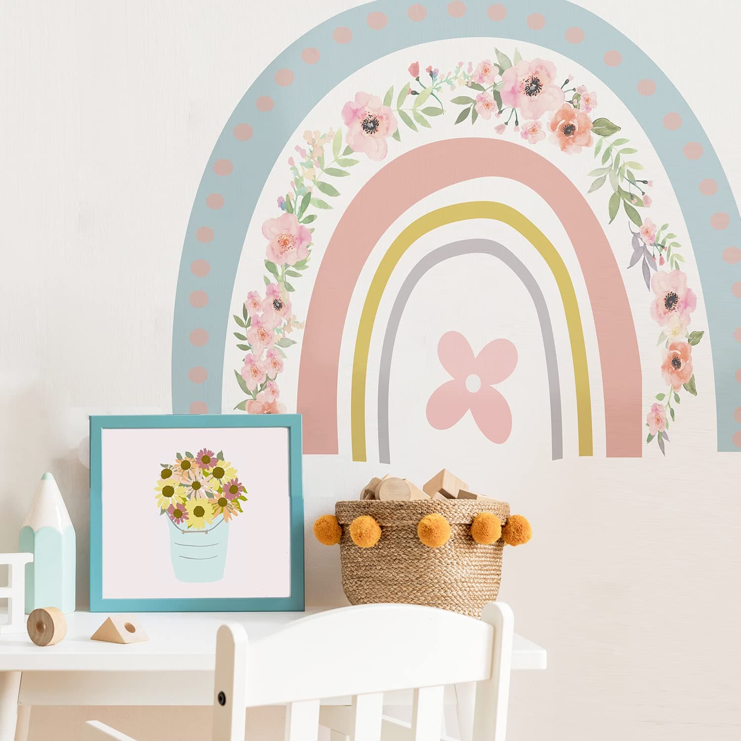 funlifeLarge Flower Rainbow Wall Decals Peel and Stick, Self Adhesive Colorful Rainbow Wall Sticker for Girls Bedroom Decor, Kids Nursery Room Decoration, 27.56" x 22.44"