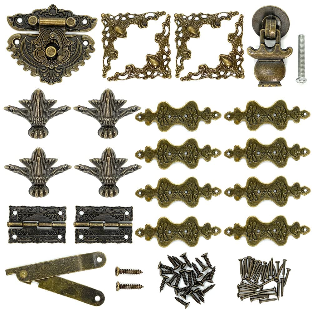 1Set Antique Latch Hasp Hinges Drawer Handle Box Corner Protector Box Feet Leg