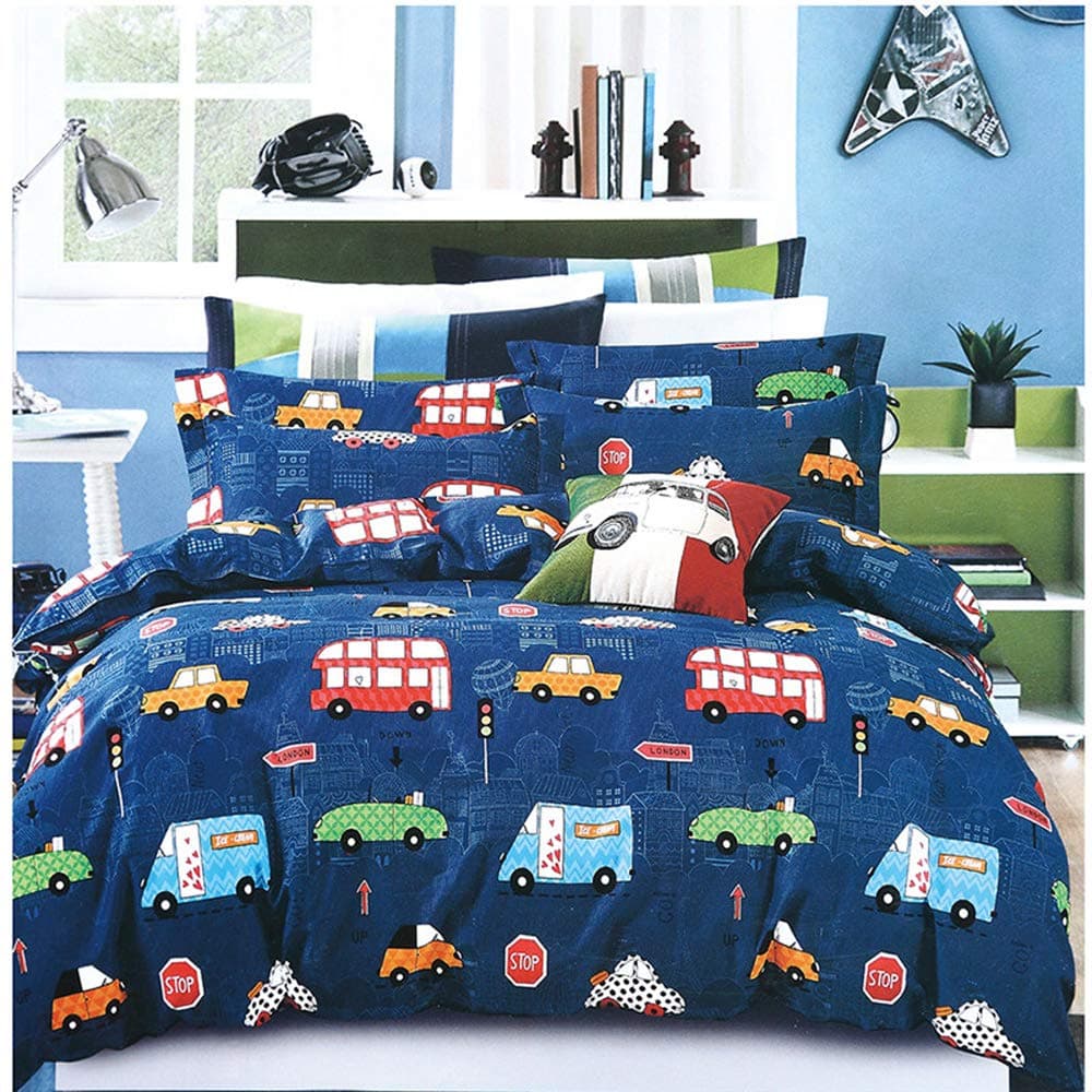 Omela Boys Double Duvet Covers Set Blue Cars Kids Bedding Double Bed Duvet Cover Zipper Closure 2 Pillow Cases