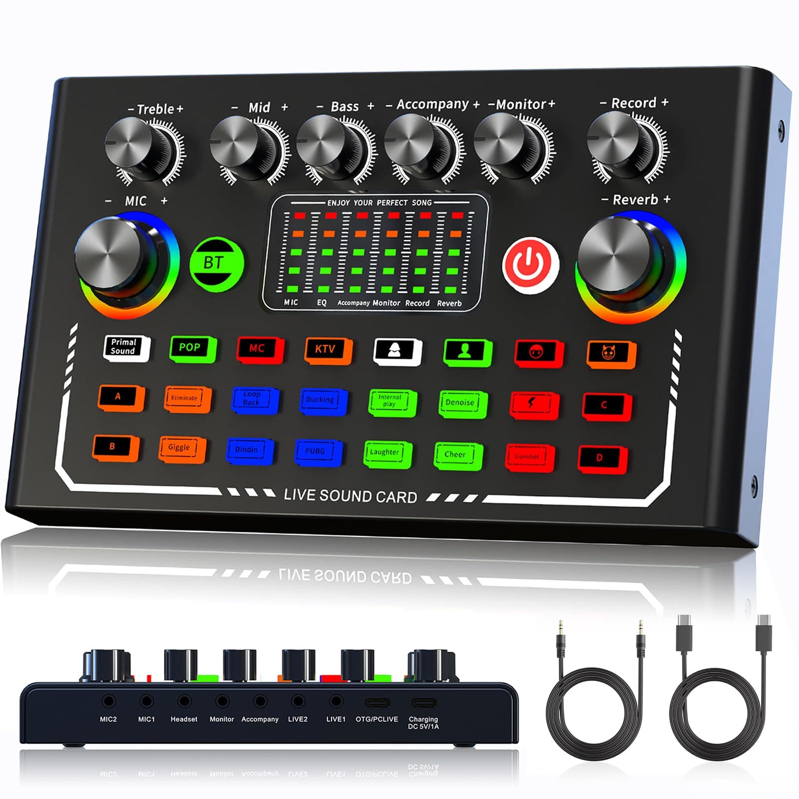Facmogu F009 Live Sound Card, Wireless Bluetooth Audio Mixer, Podcast Audio Mixer with RGB Colorful Buttons, All-in-One Podcast DJ Device Live Broadcast Sound Card for PS5 PC Karaoke Singing Gaming