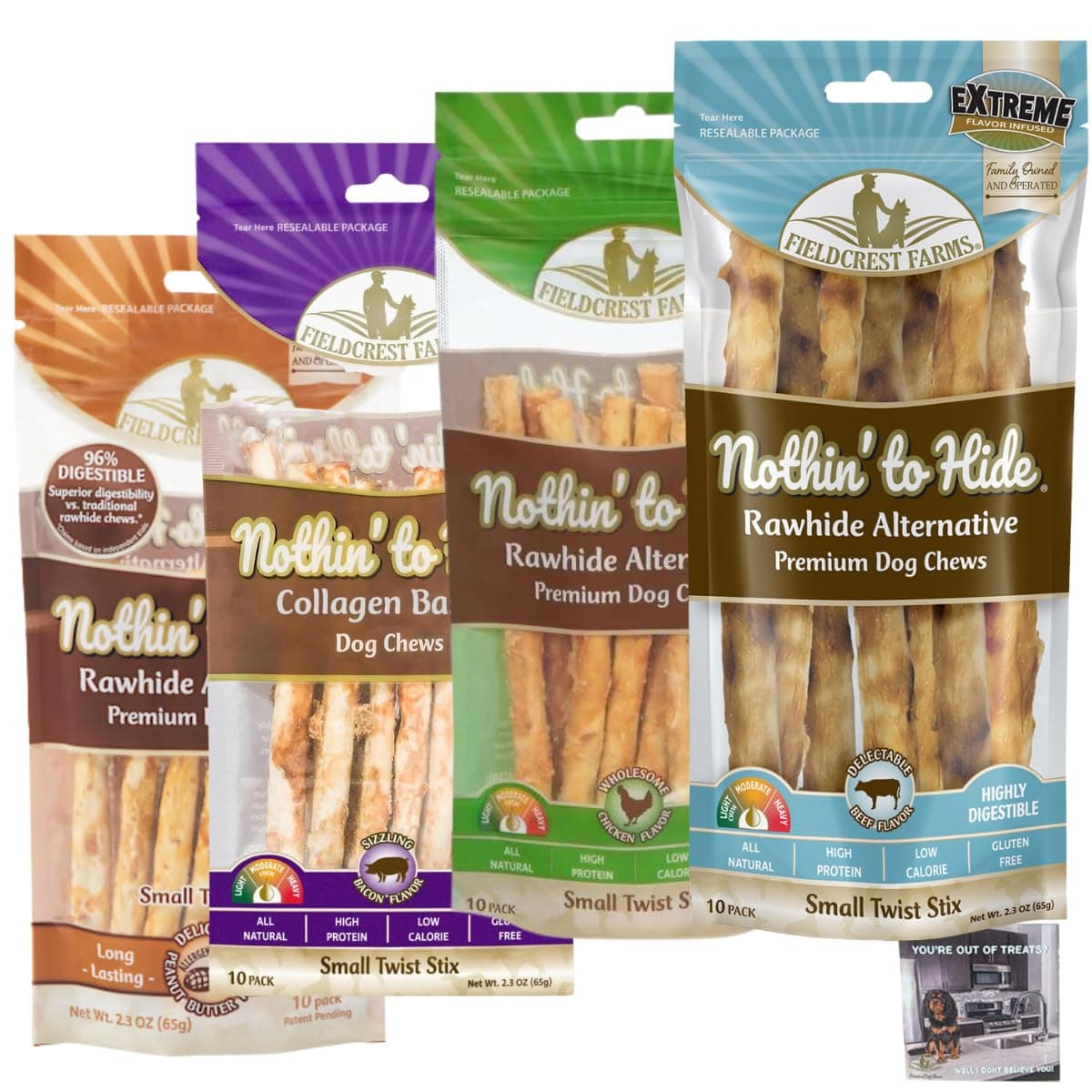 Fieldcrest Farms Nothing to Hide Natural Rawhide Alternative Twist Stix for Dogs - 4 Pack (40 Sticks) Premium Grade Easily Digestible Chews - Great for Dental Health (4 Pack Variety, Small Stix)