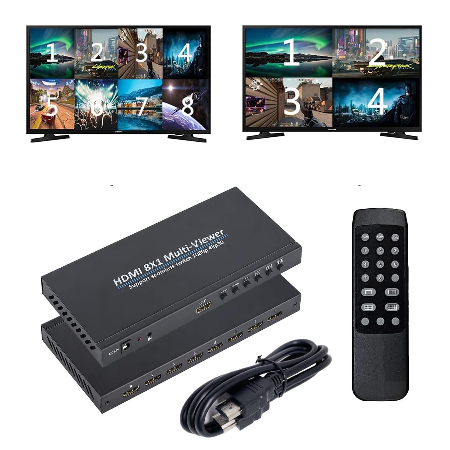 HDMI Quad MultiViewer 8x1, Seamless Switcher 8 in 1 Out with IR Remote Control, Support 1080p 4K@30Hz and 6 Viewing Modes