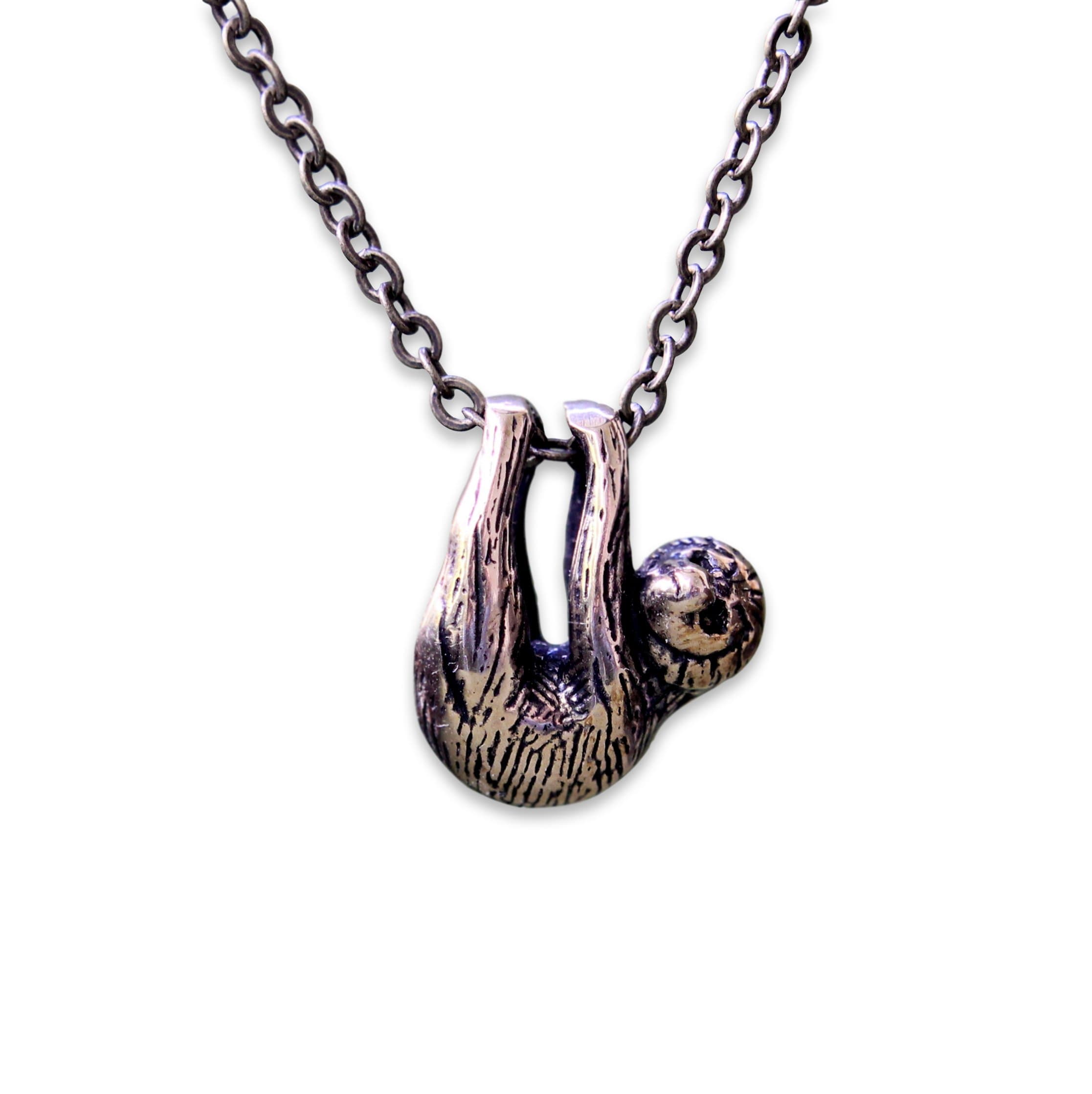 Moon Raven Designs Tiny Sloth Pendant Necklace - Silver Plated White Bronze - Hung on a 24" Stainless Steel Chain