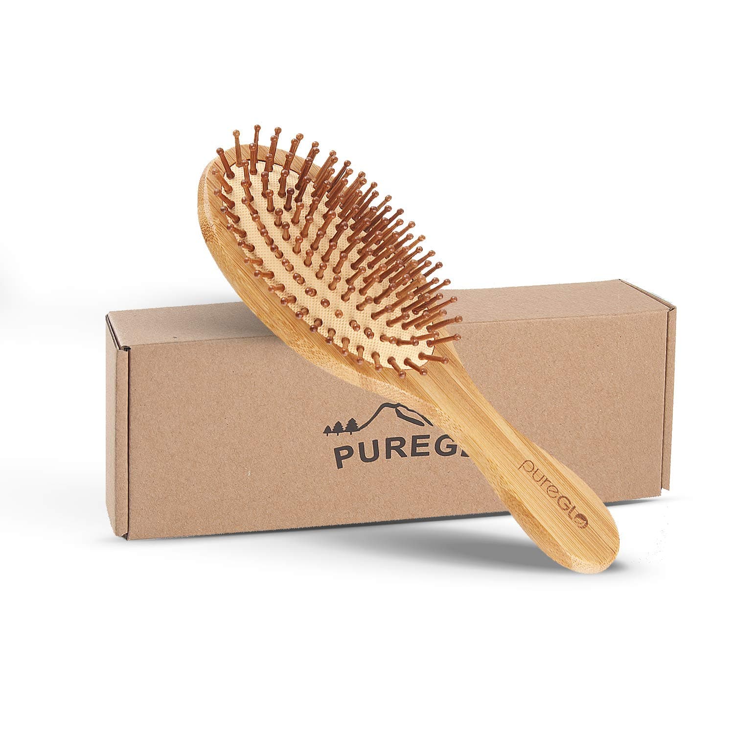 Natural Wooden Hair Brush – pureGLO Bamboo Bristle Detangling Hairbrush for Women Men and Kids - Reduce Frizz, Massage Scalp for Straight Curly Wavy Dry Wet Thick or Fine Hair