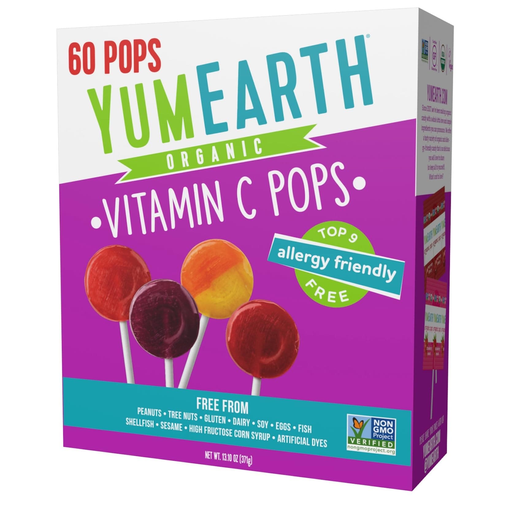 Organic Vitamin C Pops Variety Pack, 60 Fruit Flavored Favorites Lollipops, Allergy Friendly, Gluten Free, Non-GMO, Vegan, No Artificial Dyes