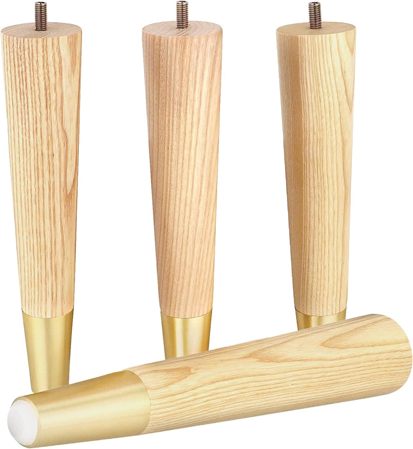 Ash Wood Furniture Legs With Gold Caps - Mid Century Legs For Sofa, Armchair, Cabinet, Chair, Footstool, Bed, Ottoman -Wooden Legs Are Easy To Install & Include Installation Hardware-Set of 4(10 inch)