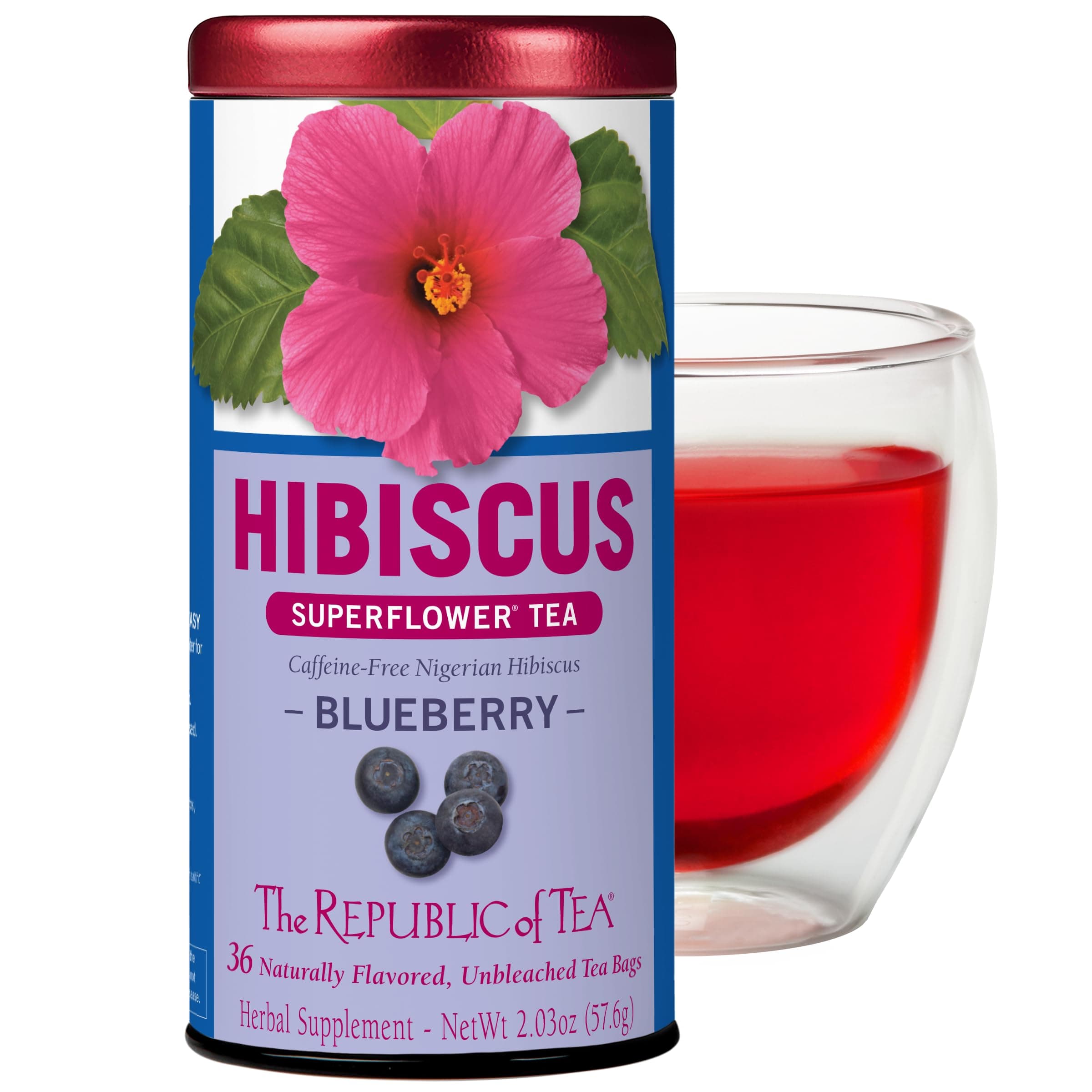 The Republic of Tea, Hibiscus Blueberry Superflower Herbal Tea, 36 Tea Bag Tin