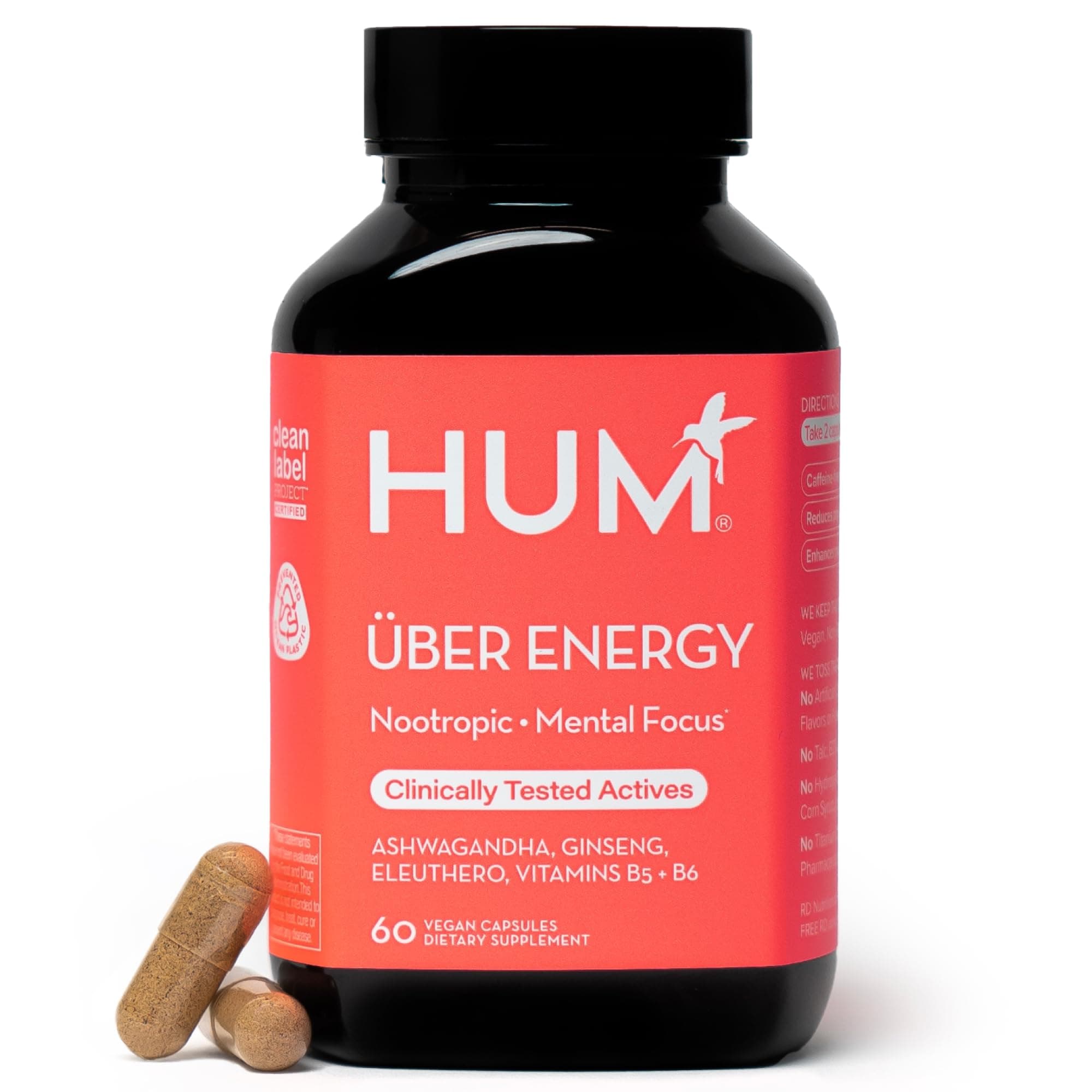 HUM Uber Energy Adrenal Energy Support Supplement with Ashwagandha Root, Ginseng, B Vitamins, Vitamin B6, B5, and Adaptogens, Supplements for Adrenal Fatigue Support, 60 Vegan Capsules