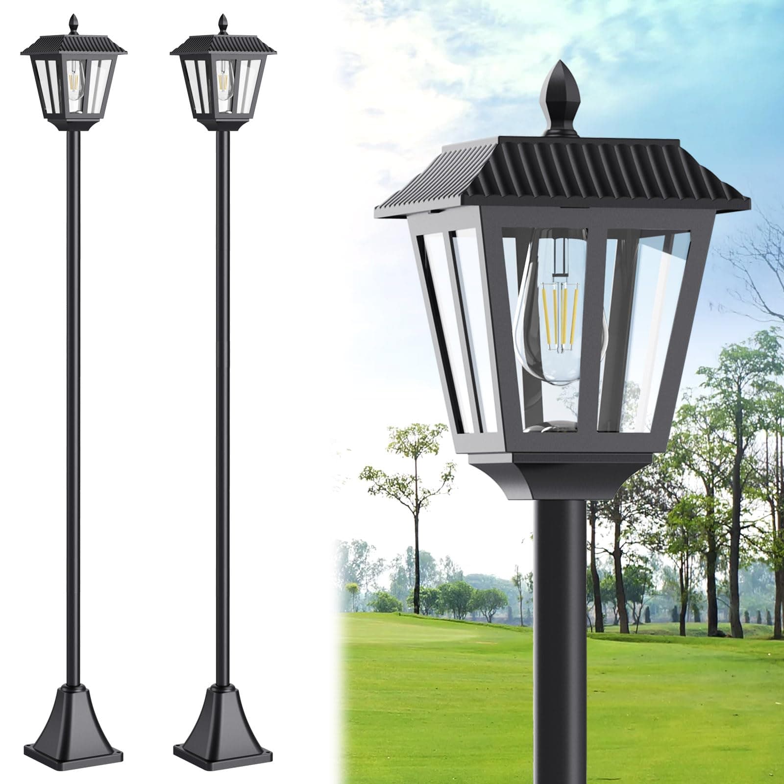 68" Solar Lamp Post Light Outdoor - 3000K Warm White, IP45 Waterproof Post Solar Lights Outdoor, Pole Lights Outdoor, Decorative Lamp for Yard Garden Patio Lawn Pathway Driveway Front/Back Door (2PK)