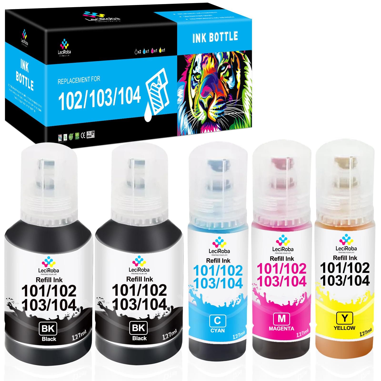 LeciRoba104 for epson 104 ink bottle multipack and Epson 102 103 ink for ET-2710 ET-2711 ET-2714 ET-2715 ET-2720 ET-2721 ET-2726 ET-2810 ET-2820 ET-2821 ET-2825 ET-2826 ET-4700 ET-4800 (5-PACK)