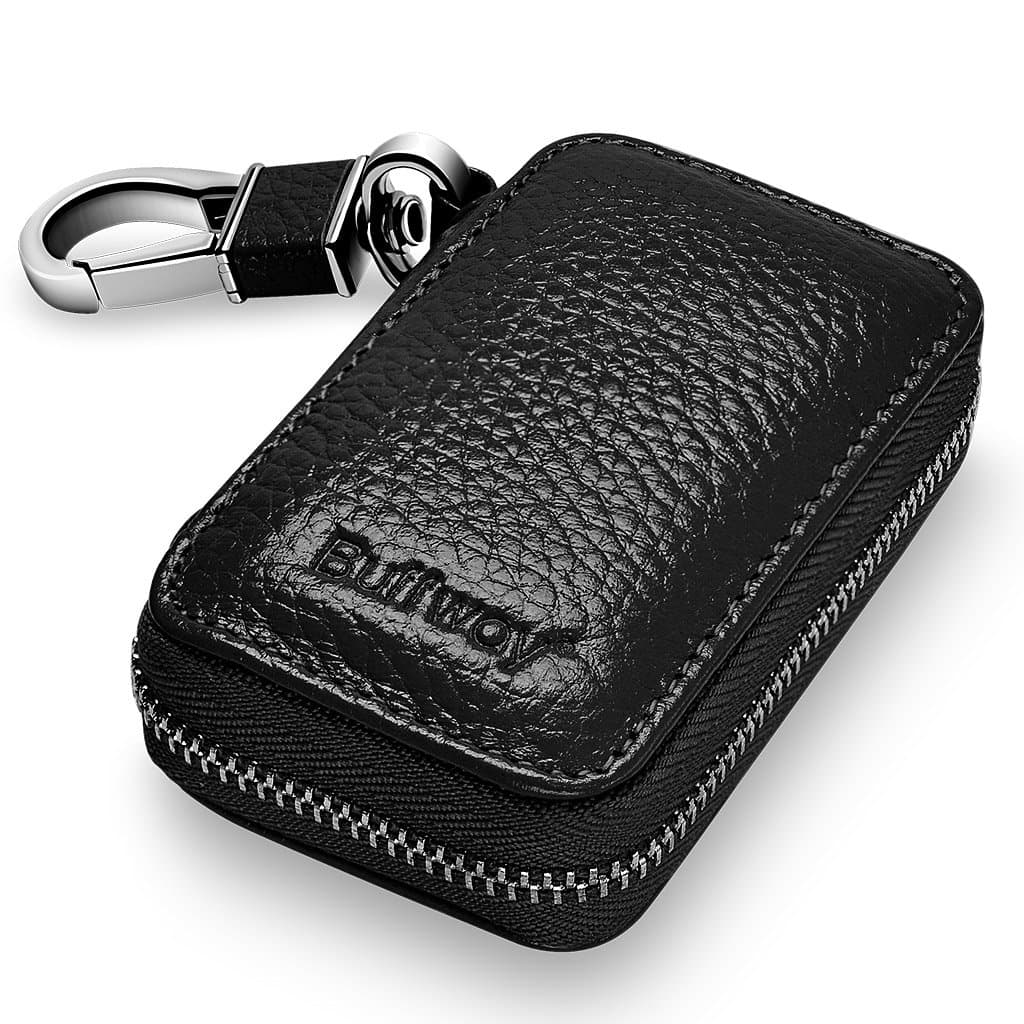 Car keychain,Genuine Leather Key Chain Coin Holder Metal Hook and Keyring Wallet Zipper Bag for Vehicle Keyless Entry