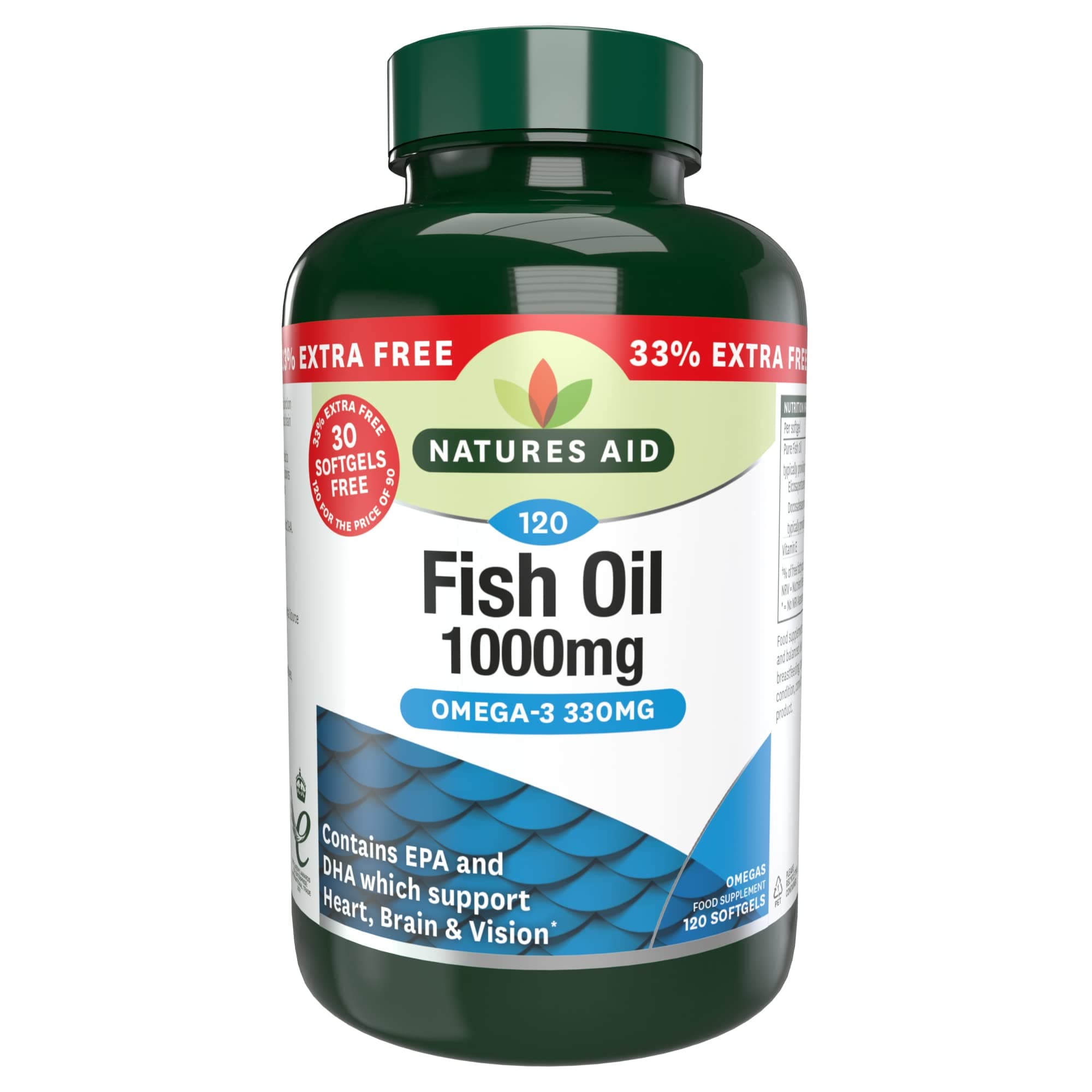 Natures Aid Fish Oil 1000mg – High Strength Omega-3 Supplement with DHA & EPA – Supports Heart, Brain Vision, Immune & Joint Health Non-GMO – High Strength Natural Fish Oil – 120 Softgel Capsules