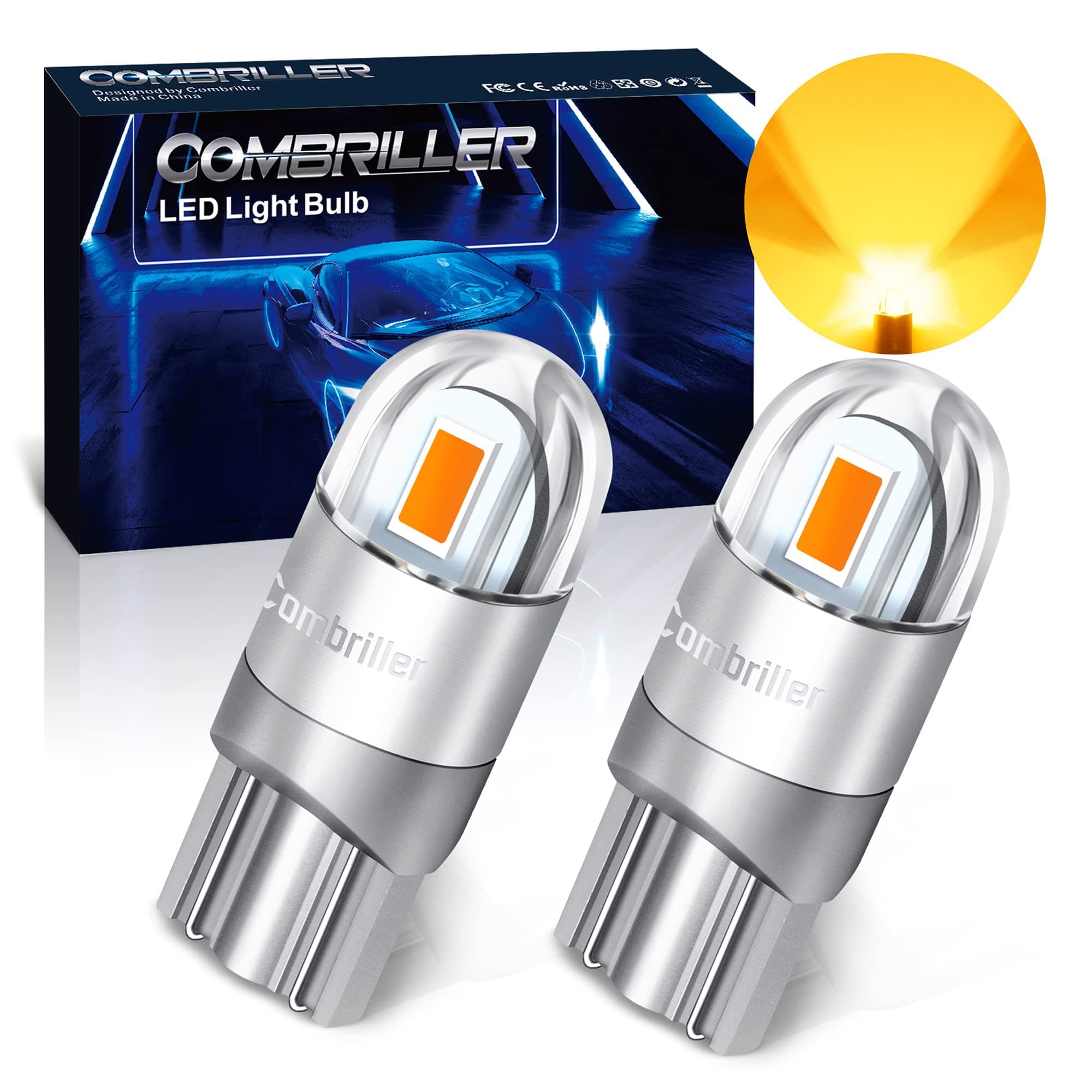 Combriller 194 LED Bulb Amber Yellow, Error Free 194 168 LED Bulb T10 2825 w5w Led Interior Car Lights for Car License Plate Light Dash Lights Interior Dome Map Door Marker Courtesy Light, Pack of 2