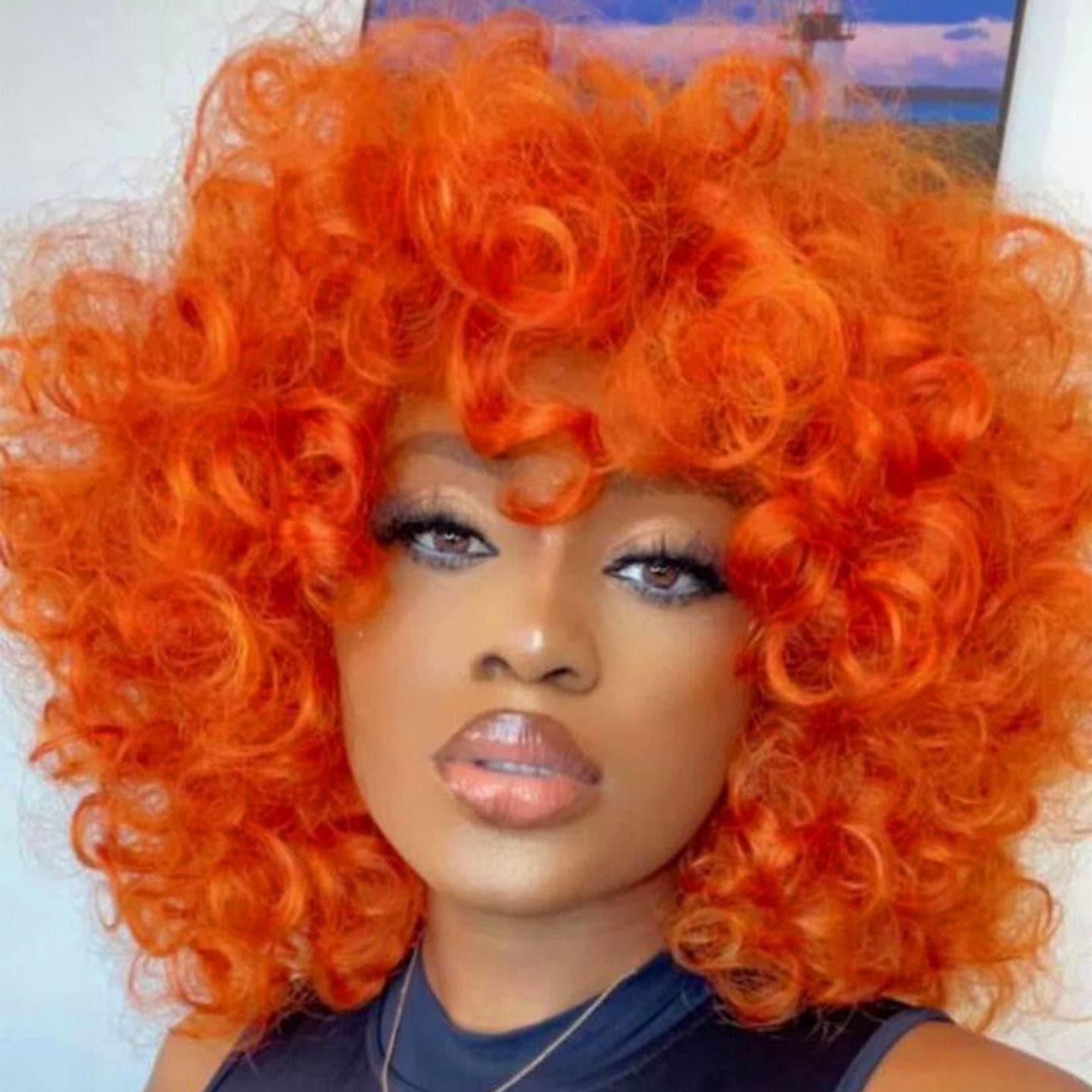 PHOENIXFLY Short Afro Curly Synthetic Hair Wigs for Black Women Loose Curly Fluffy Shoulder Length Natural Looking Hair Orange Wigs Heat Resistant Hair Replacement Wigs with Wig Caps (Orange)
