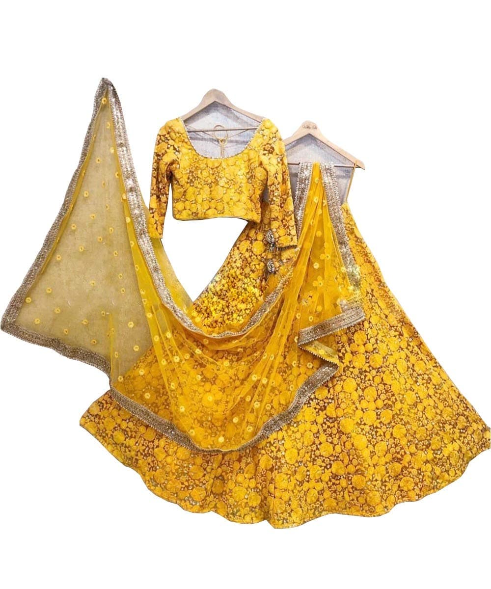 Latest trending lehenga choli for women haldi ceremony, wedding bridal party wear ghagra choli with dupatta by trendy culture