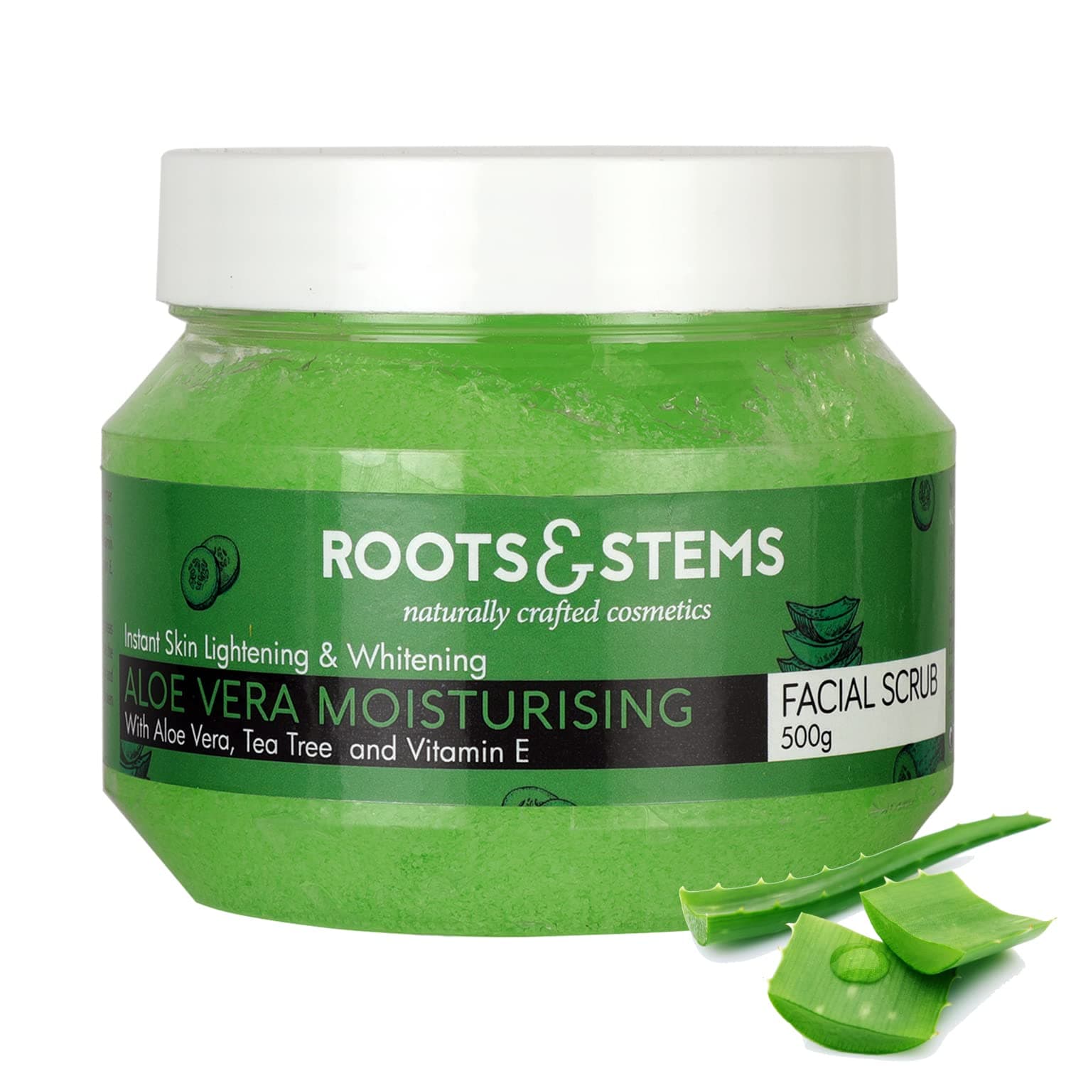 Roots & Stems Aloe Vera Moisturising Facial Scrub- Dead Skin Removal- 100% Natural & Organic/Brightening & Whitening/Deep Pore Cleansing, Reduces Acne Marks & Freckles, Dark Spots Reduction(500 gm)