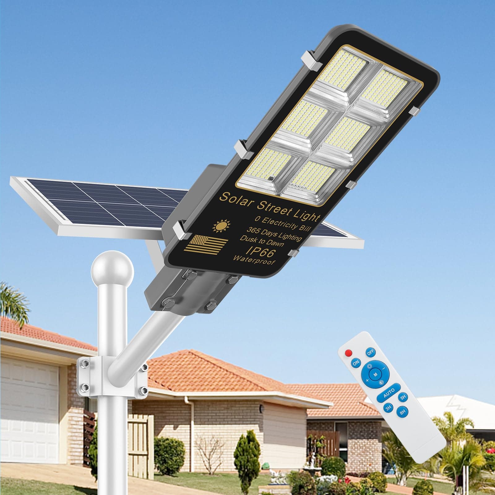 8000W Solar Street Light, 6500K Light Sensor Solar Lights for Outside, IP66 Waterproof Dusk to Dawn Solar Security Flood Lights Outdoor for Yard Garden Path Parking Lot