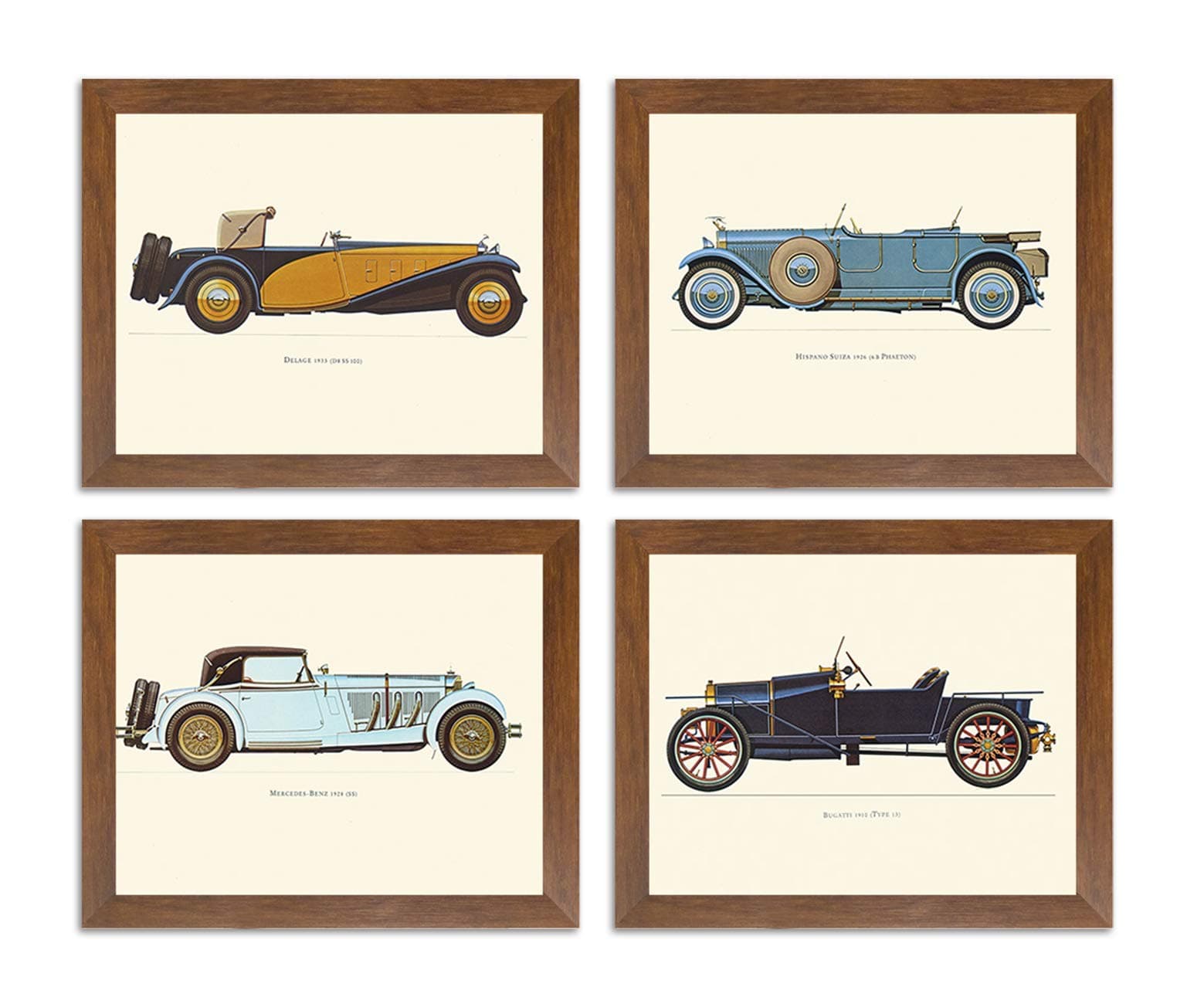 Painting Mantra Vintage Car, Bugatti-Mercedes-Delage-Hispano Framed Painting/Posters for Room Decoration, Set of 4 Brown Frame Art Prints/Posters for Living Room (4 Unit, 8x10 Inches)