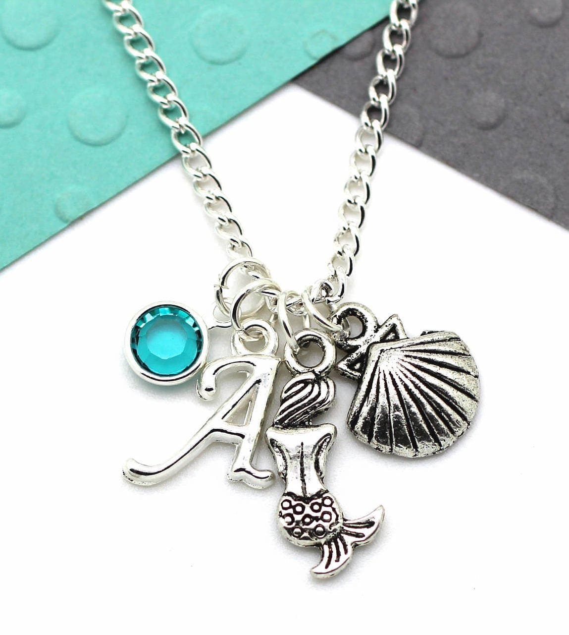 Personalised Little Mermaid Charm Necklace, Mermaid Shell Necklace, Personalised Swarovski Birthstone & Initial Name Gift