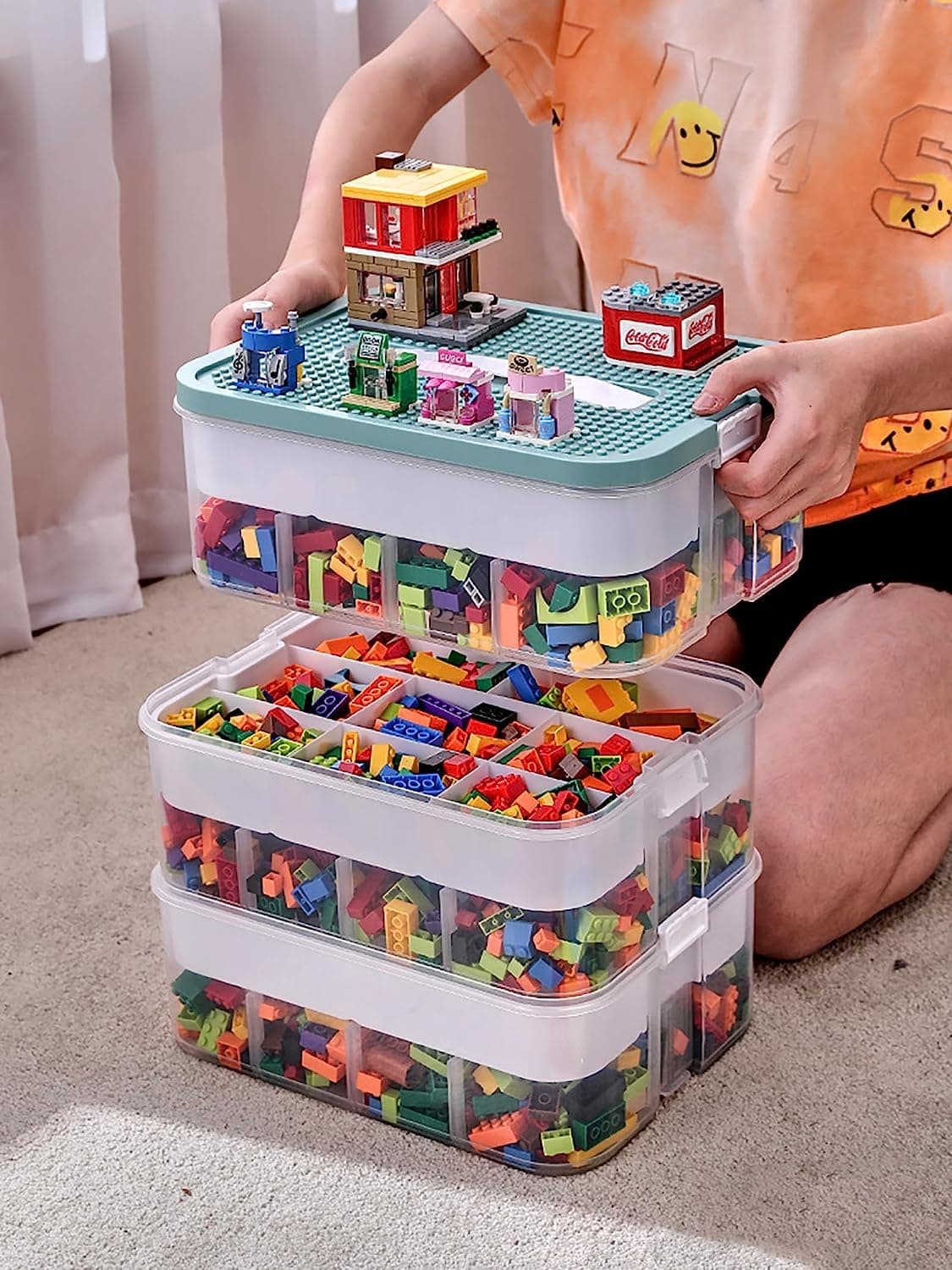 Cube Toy Storage Organizer Bins with Lid for Lego,3 Layers Stackable Plastic Organizer Box Child Toy Containers w/Bricks Baseplate Lids Craft Box for Building Blocks Puzzle Board Game Chest (blue)