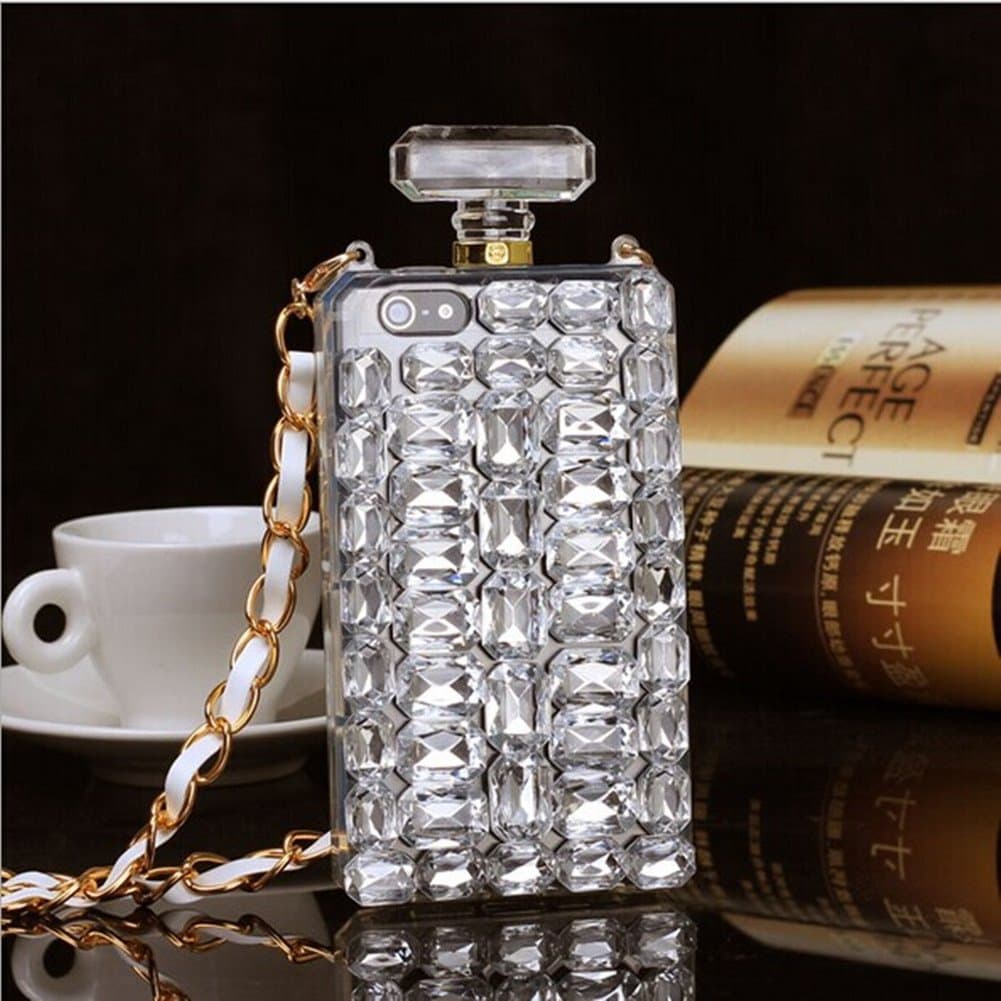 Bling Bling Set Auger Big White Diamond Perfume Bottle Style Telephone Case with Chain for iPhone 4S