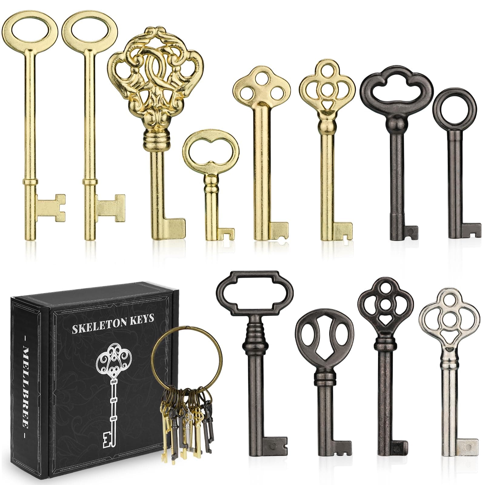 Mellbree Skeleton Key Set, 12-Key Universal Replacement Skeleton Keys Kit for Antique Dresser, Chinese Cabinet, Antique Furniture and Old Style Cabinets or Doors, Collectible Gift