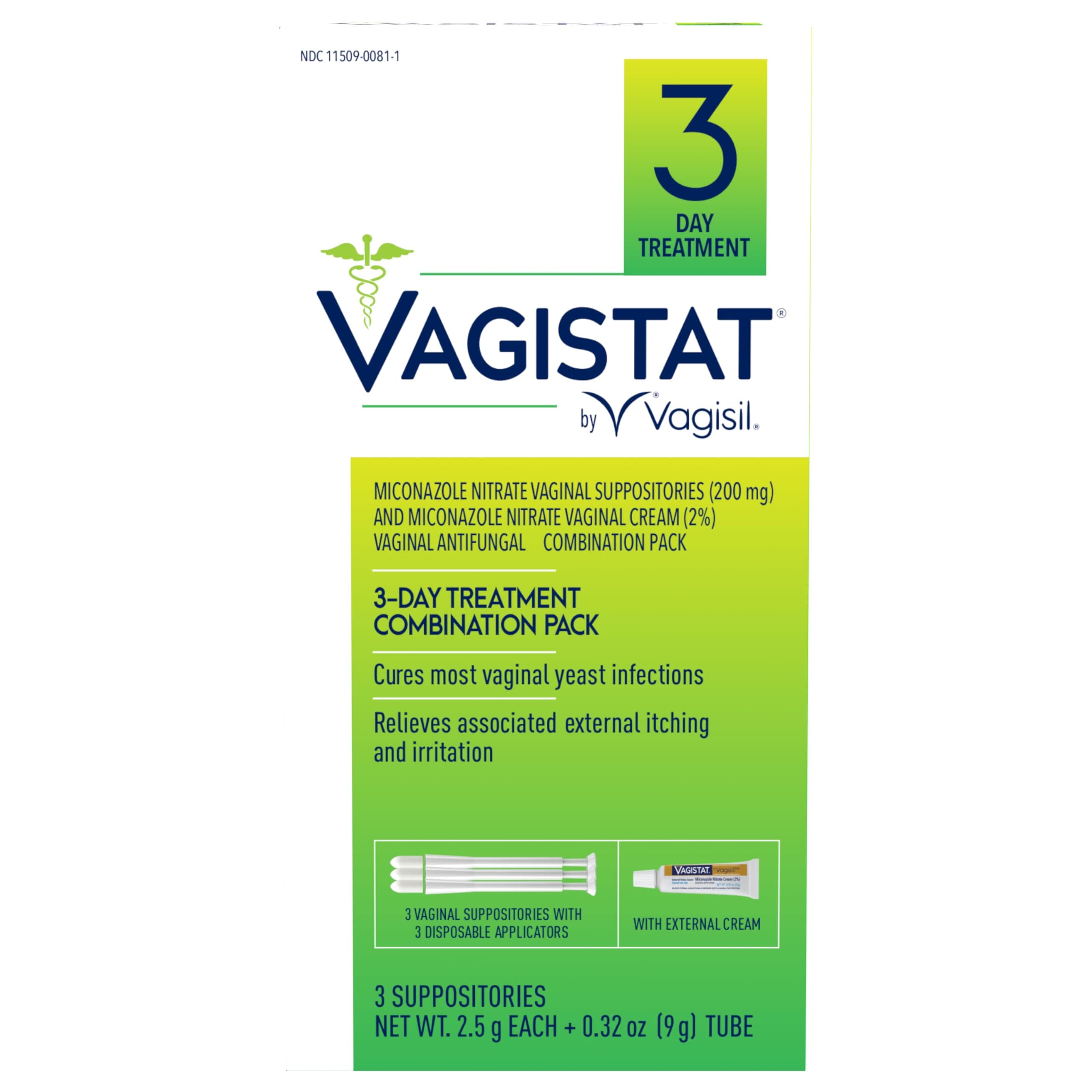 Vagistat 3 Day Yeast Infection Treatment for Women, Relieves External Itching and Irritation - 2% External Miconazole Nitrate Cream, 3 Disposable Suppositories & Applicators (Pack of 1)