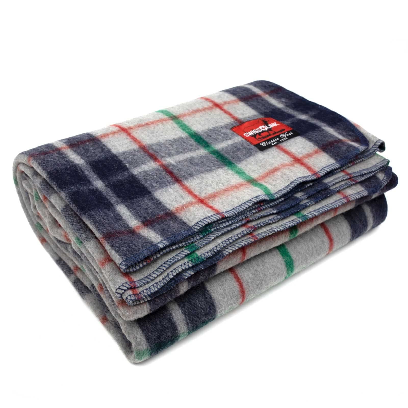 swiss linkMilitary Surplus 90 x 62 Inch Insulating Indoor Outdoor Stain, Flame, and Water Resisting Classic Wool Plaid Washable Blanket, Gray Blue