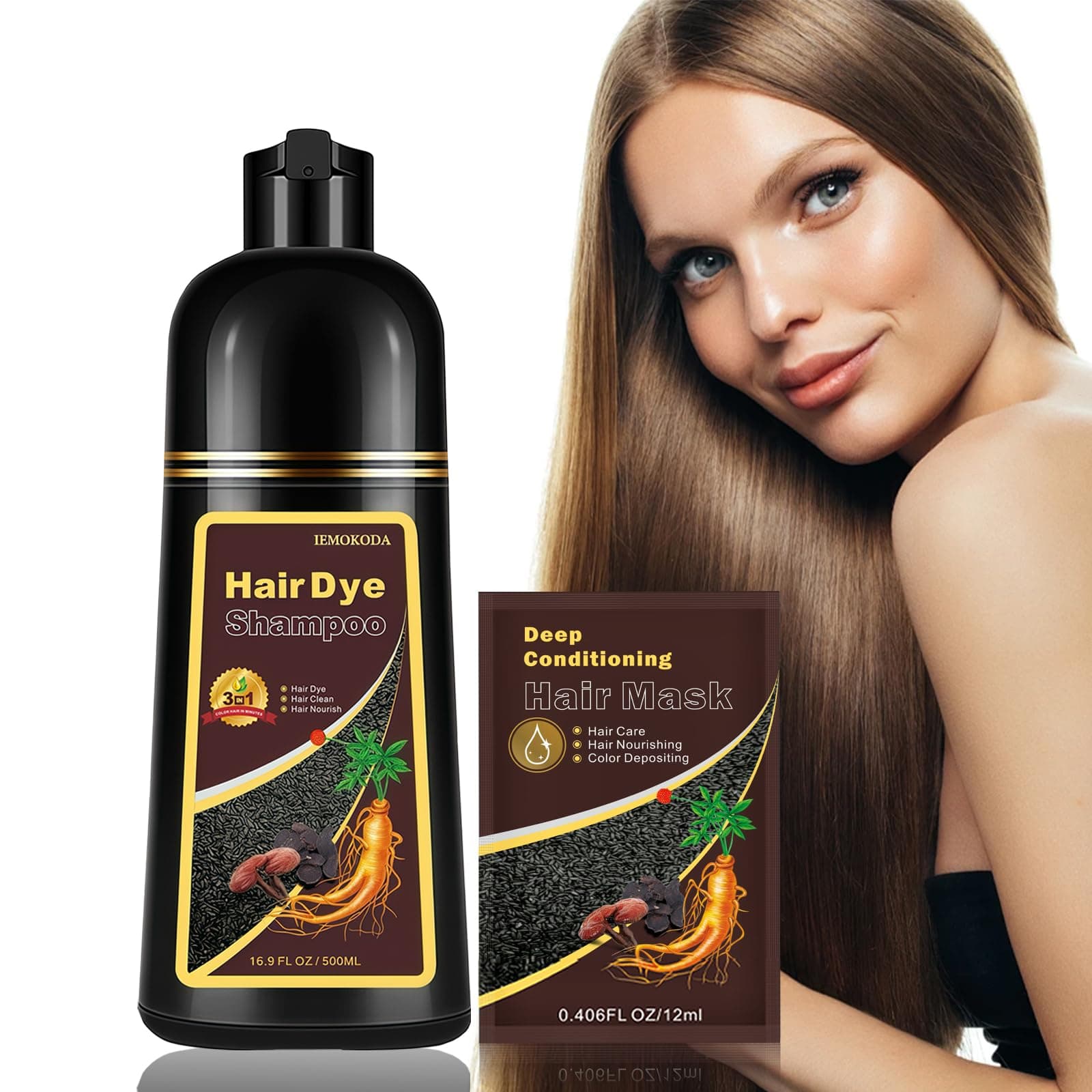 Herbal Light Brown Hair Color Shampoo - 3 in 1 Lasting Hair Dye for Women & Men, 17.60 Fl Oz