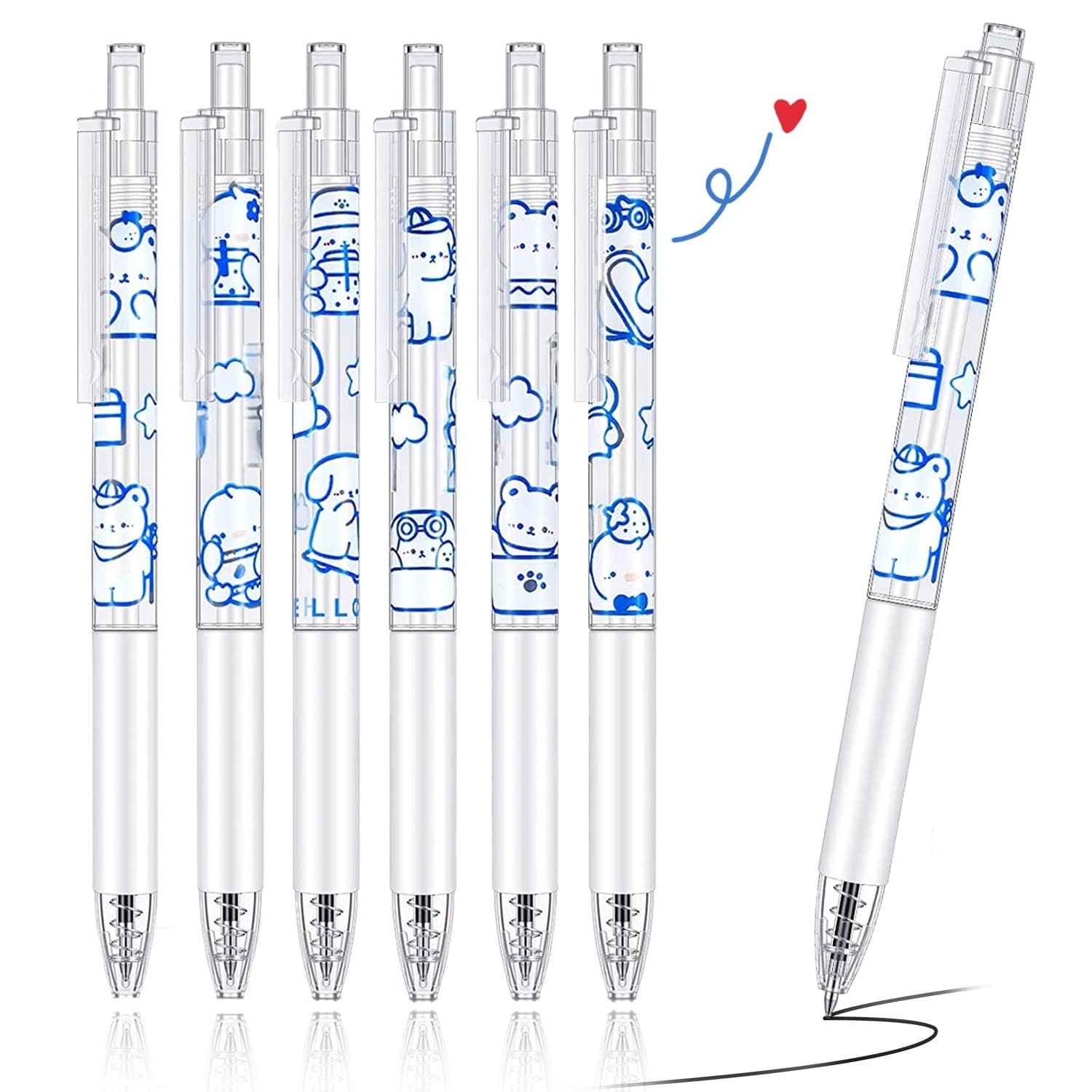 Oriental riverkit 6Pcs Retractable Ballpoint Pens Cute Bear Gel Pens, 0.5mm Black ink Smooth Writing Pens, for Office School Stationery Gift
